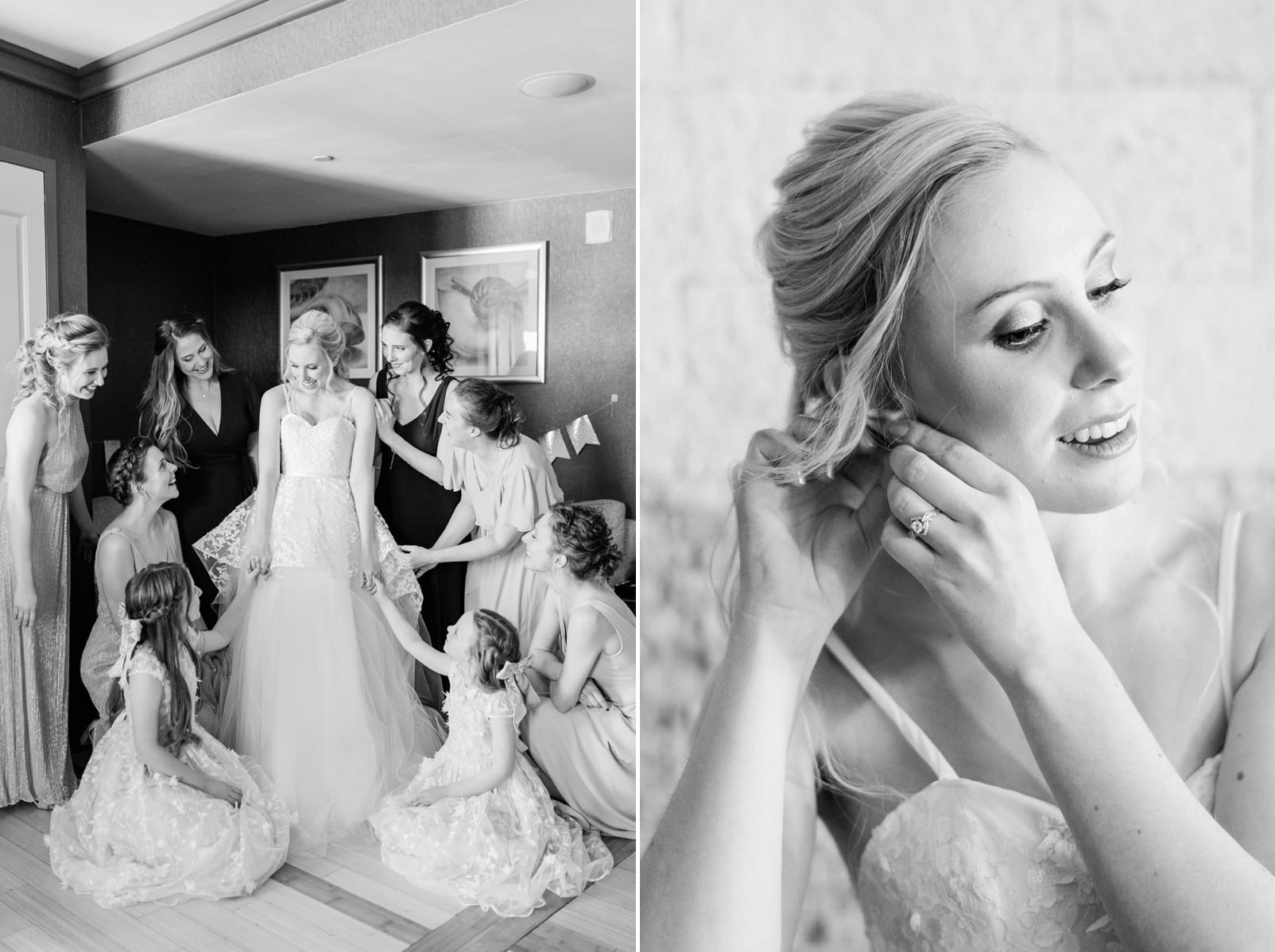 Raleigh bride seeing her bridesmaids for the first time after getting in her dress photo
