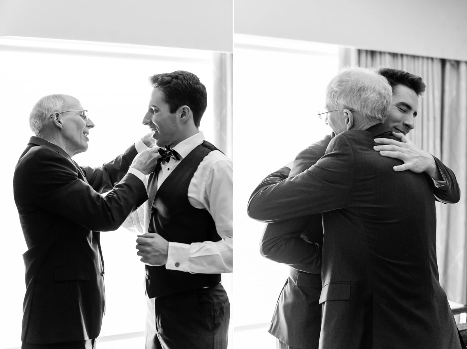 Raleigh groom getting ready with his father straightening his bowtie and hugging him photo