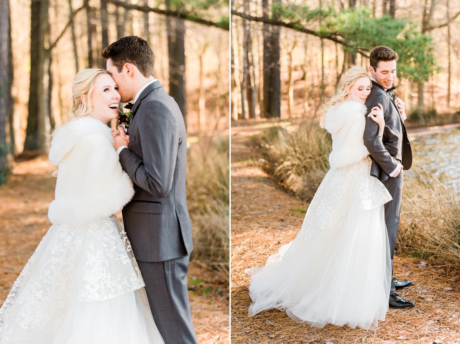 Raleigh Bride and groom standing and laughing together on a path with pine needles photo