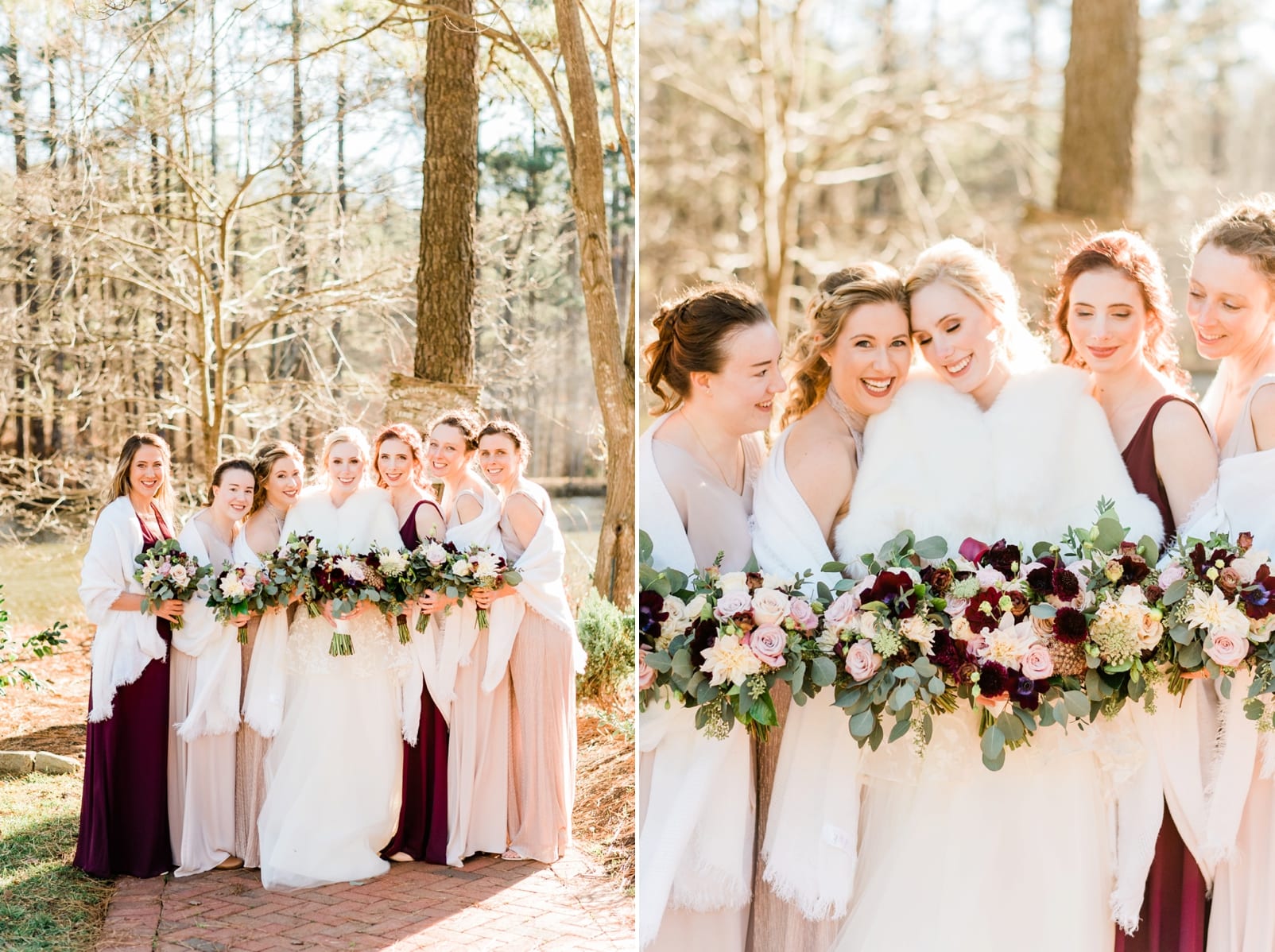 Angus Barn bride with her bridesmaids in long light pink and maroon dresses from Show Me Your Mumu photo