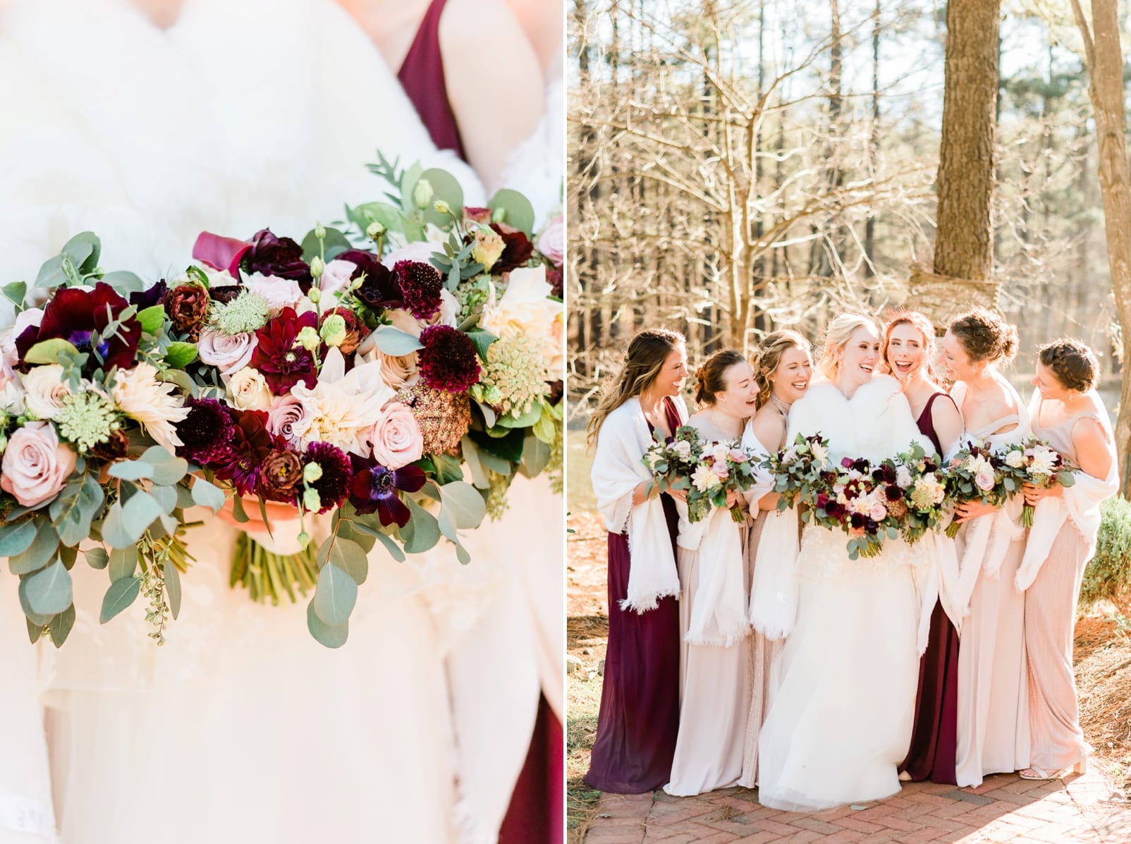 Expressions of Love Florist bridesmaid bouquets with maroon and cream flowers and eucalyptus leaves photo