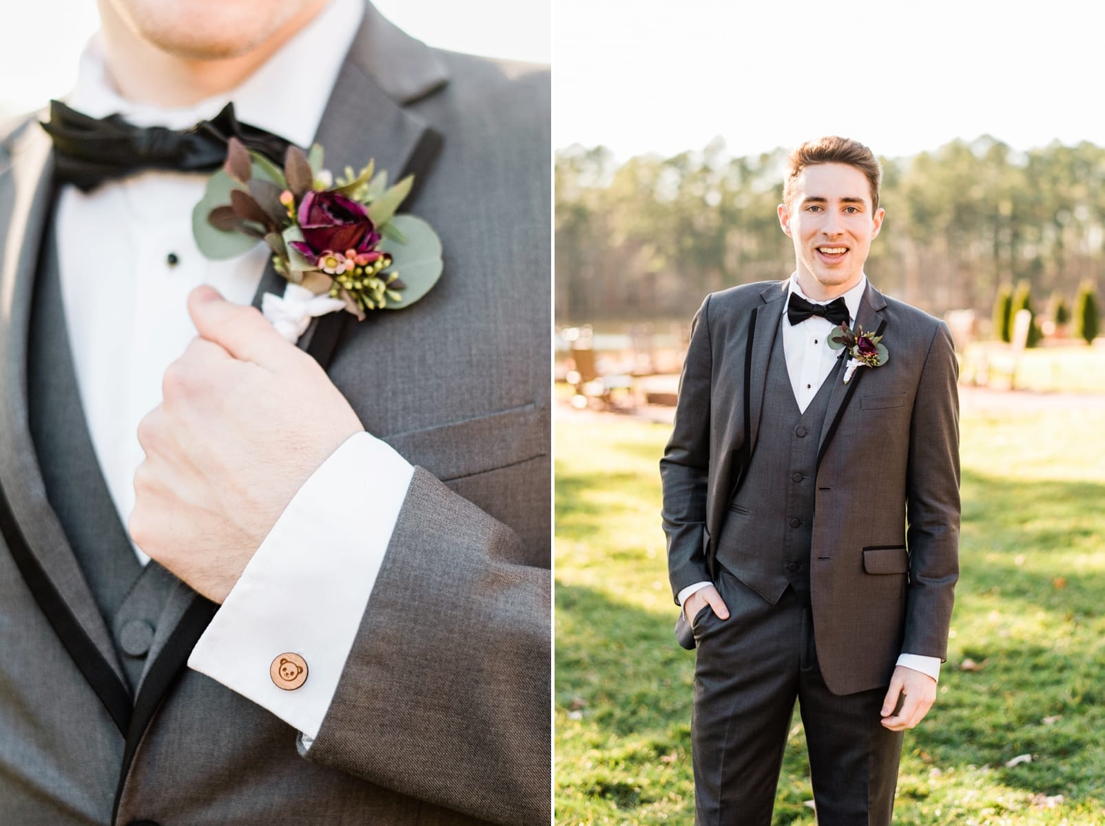 Generation Tux groom in black tuxedo and a boutonniere with a maroon flower photo