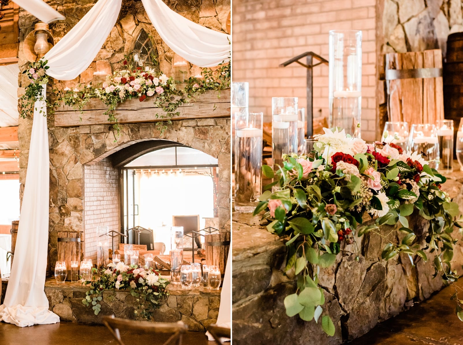 Angus barn wedding reception in front of large stone fireplace draped with fabric at the top photo