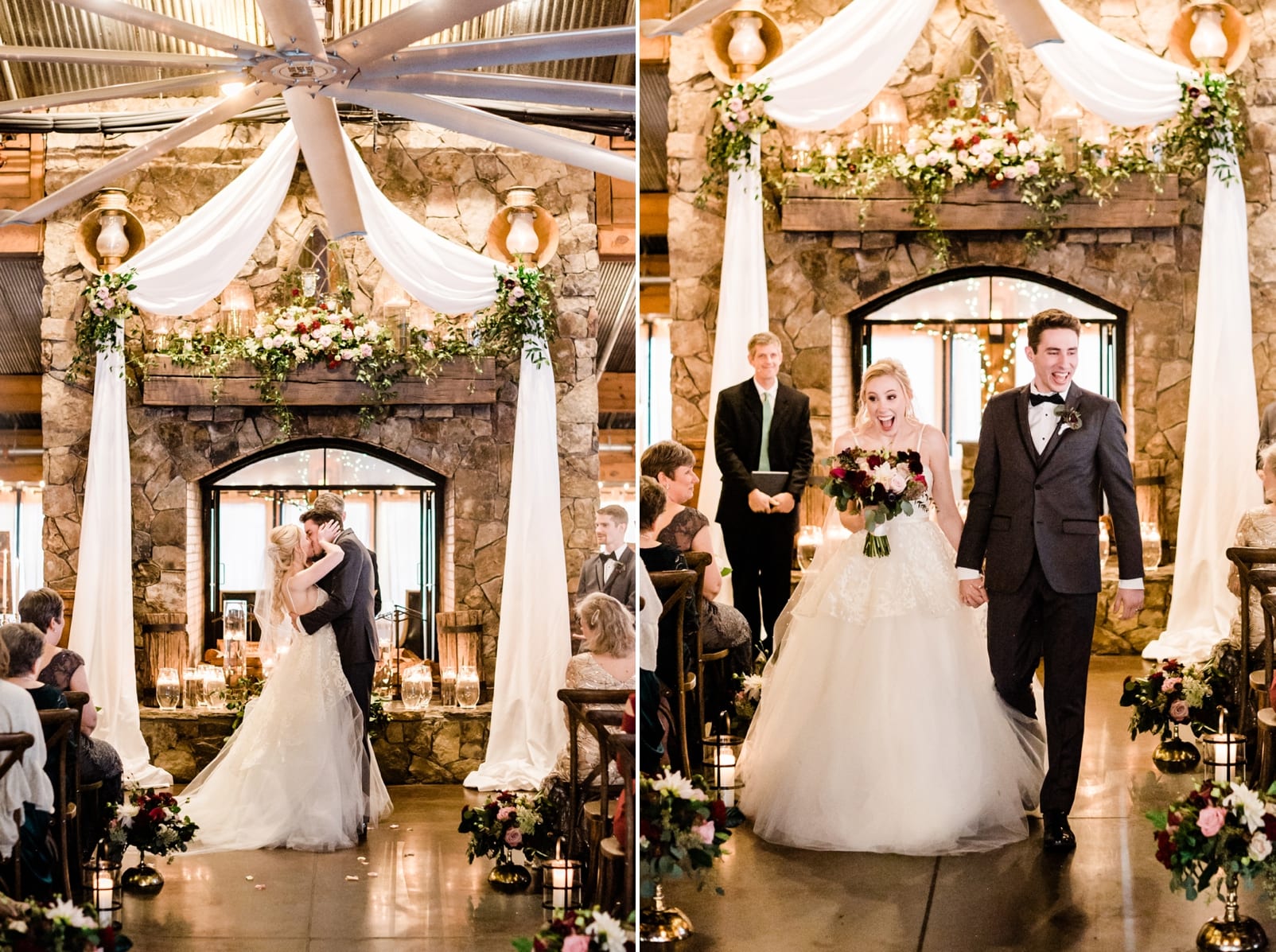 Raleigh bride and groom first kiss after wedding ceremony in front of a large stone fireplace photo