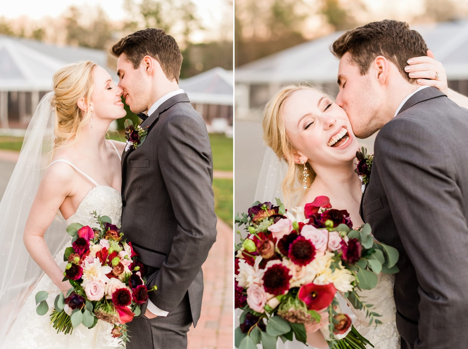 Angus Barn sunset portraits bride and groom kissing in front of the pavilion photo