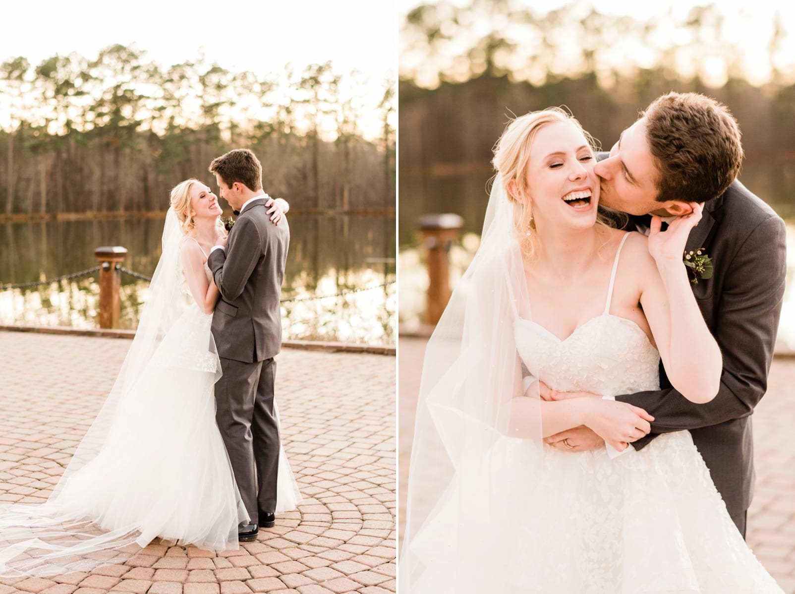 Angus Barn bride and groom laughing together in front of the lake on a brick patio photo