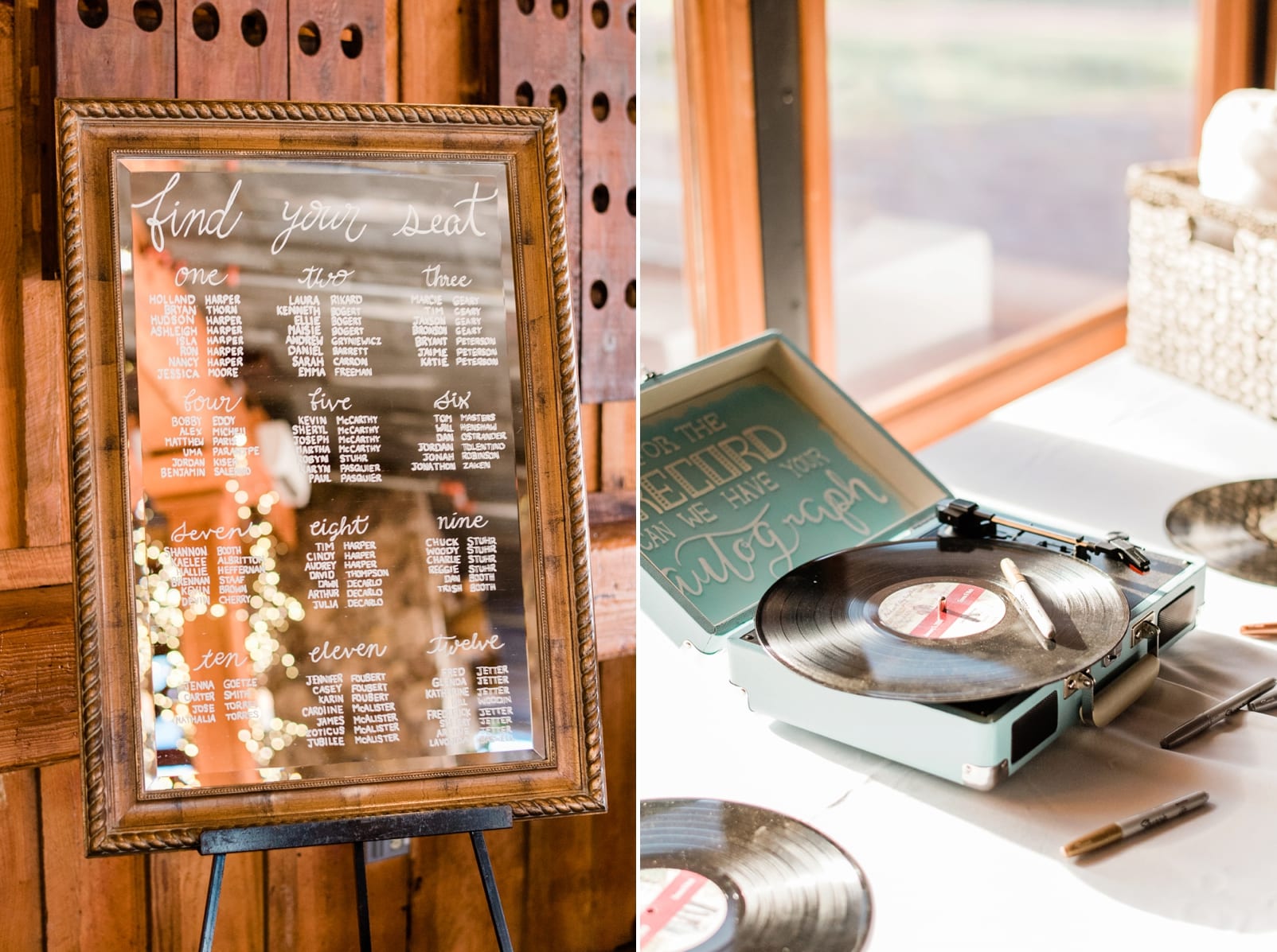 Pavilion at Angus Barn indoor reception with vintage record player and mirror with seating chart photo