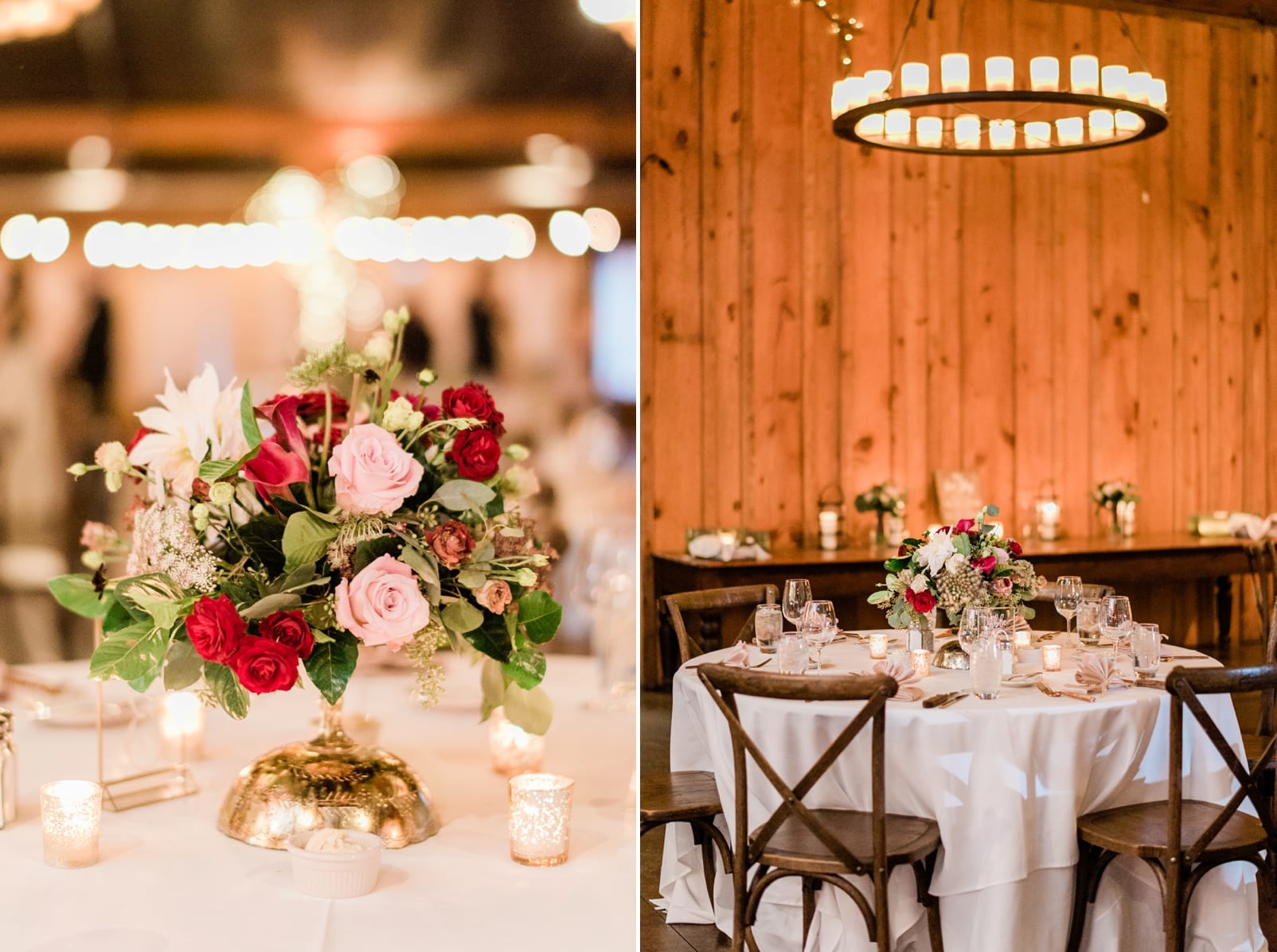 Angus Barn indoor wedding reception with floral table centerpiece and wooden chairs around a circular table under a circular wooden candle chandelier photo