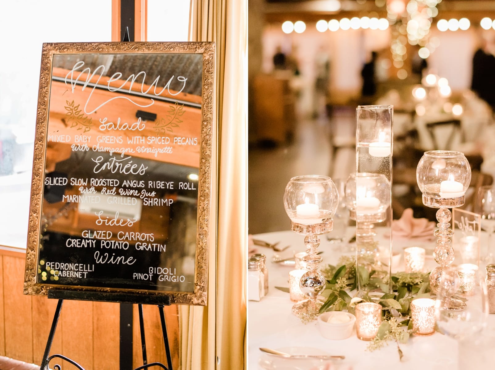 Pavilion at Angus Barn wedding reception with clear glass candle centerpieces and menu written on glass mirror photo