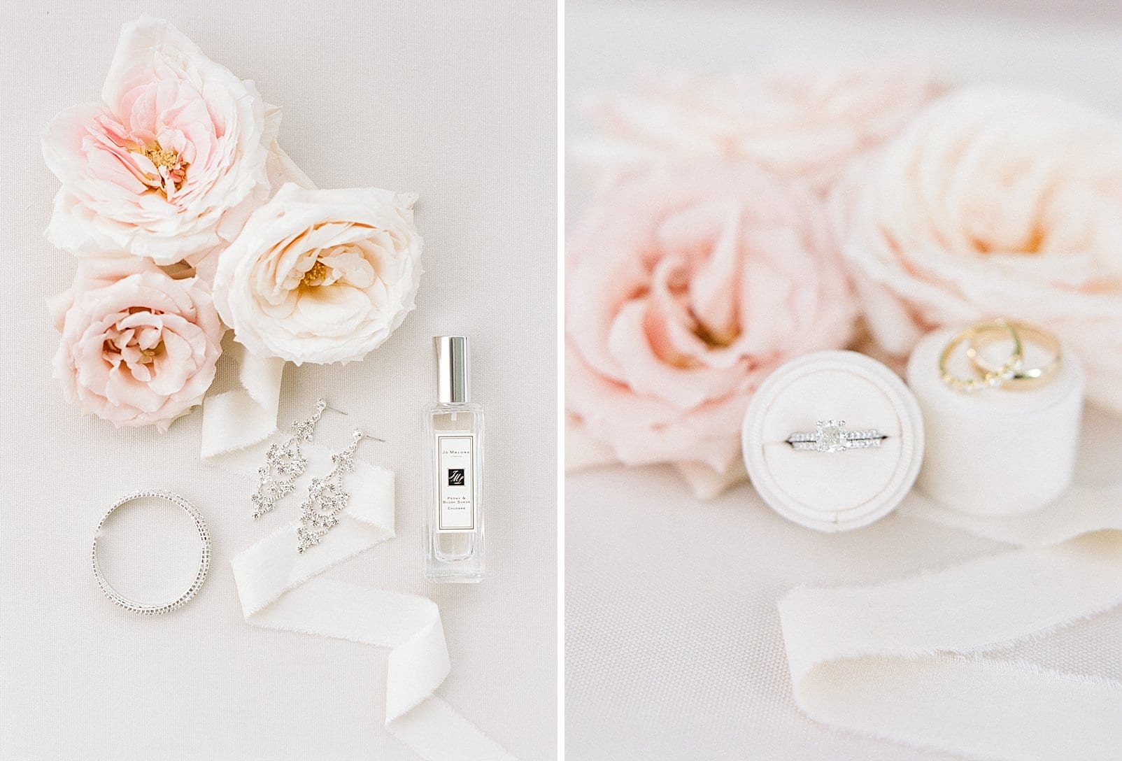 Raleigh wedding bands and bridal perfume and earrings styled with light pink roses and a cream ribbon photo