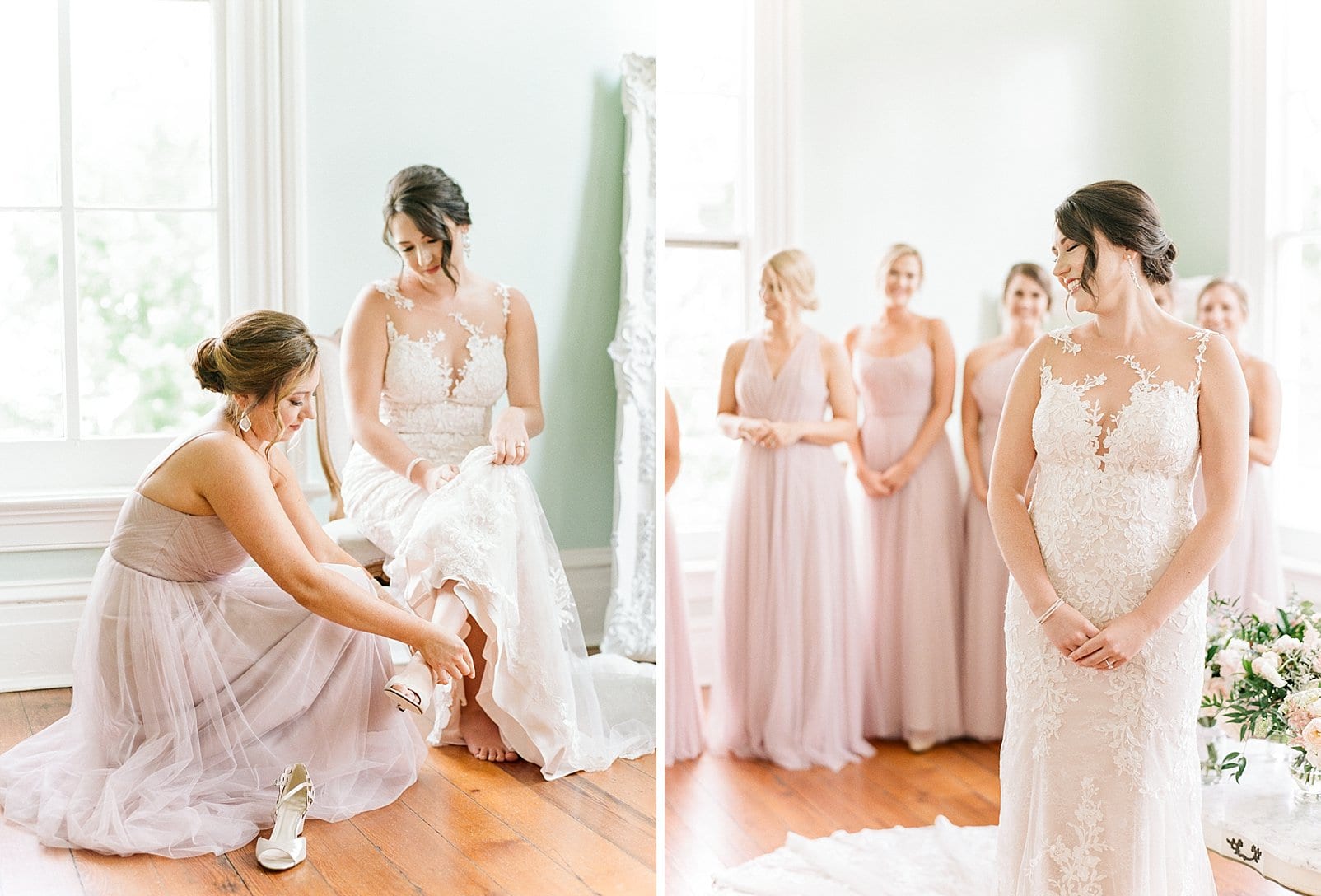 Bella Bridesmaids long blush pink dresses designed by Theia photo