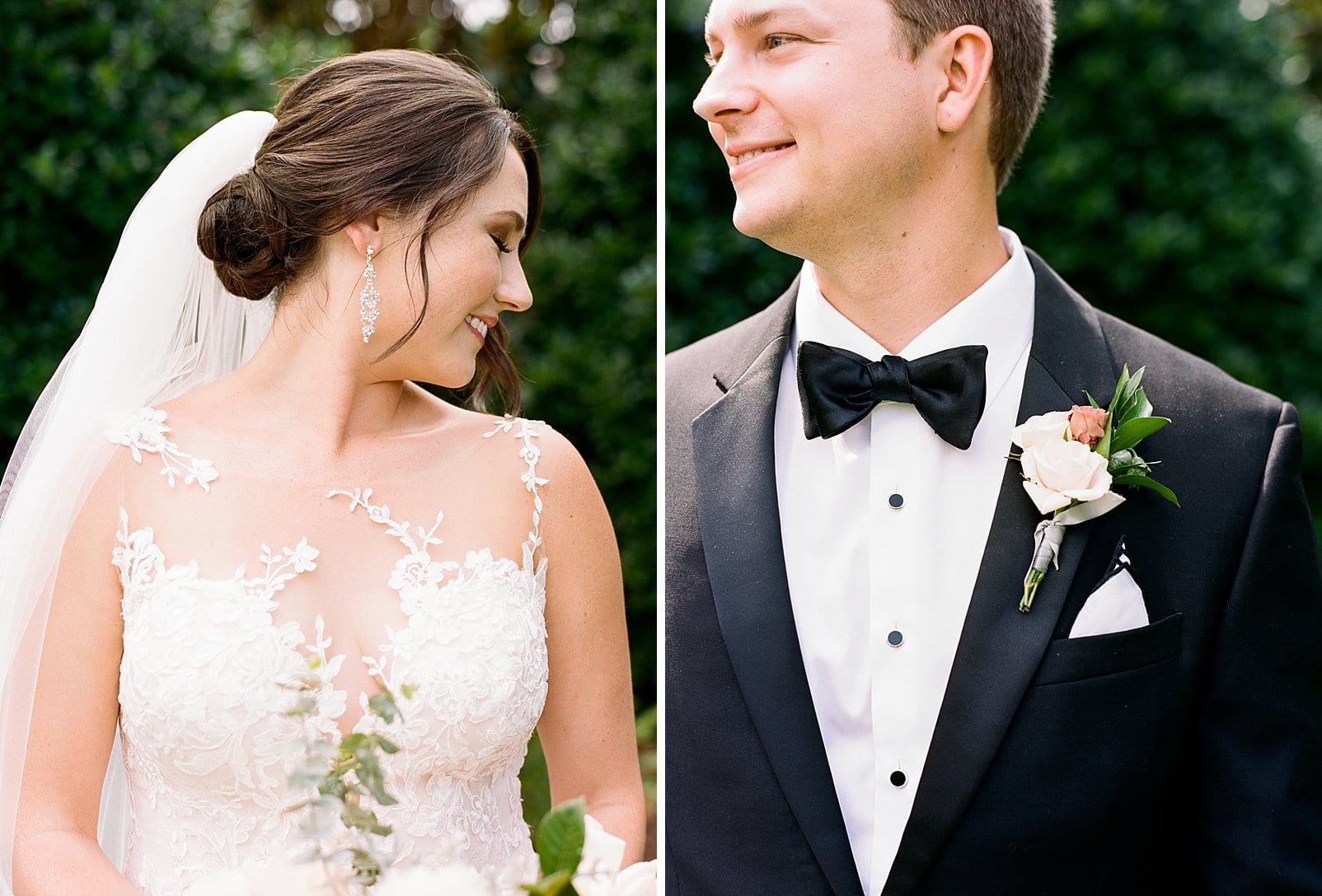 The Black Tux with bowtie on groom and bride with a sheer top going over her shoulders to her back photo