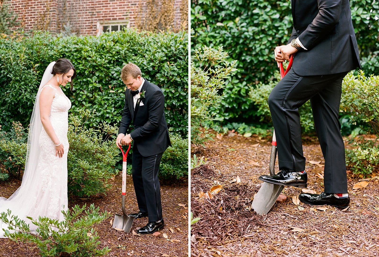 Merrimon Wynne groom digging up the buried bourbon on the wedding day photo