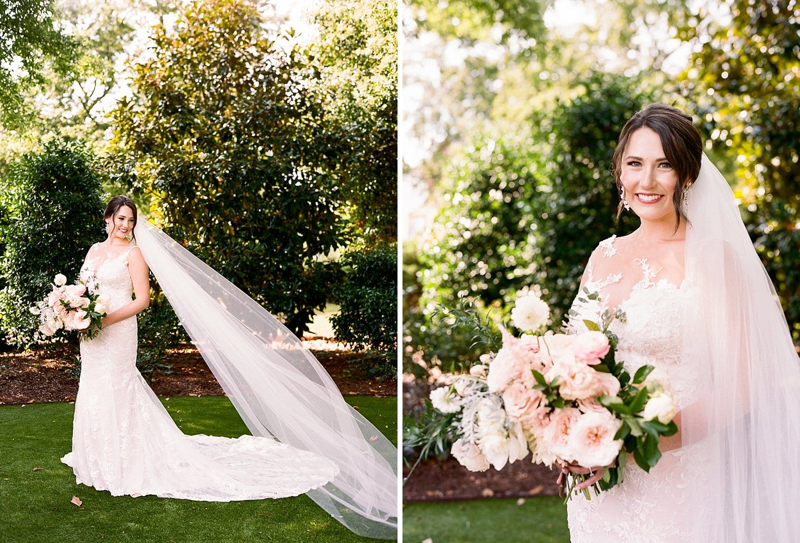 Merrimon Wynne bridal portraits with her veil blowing behind her photo