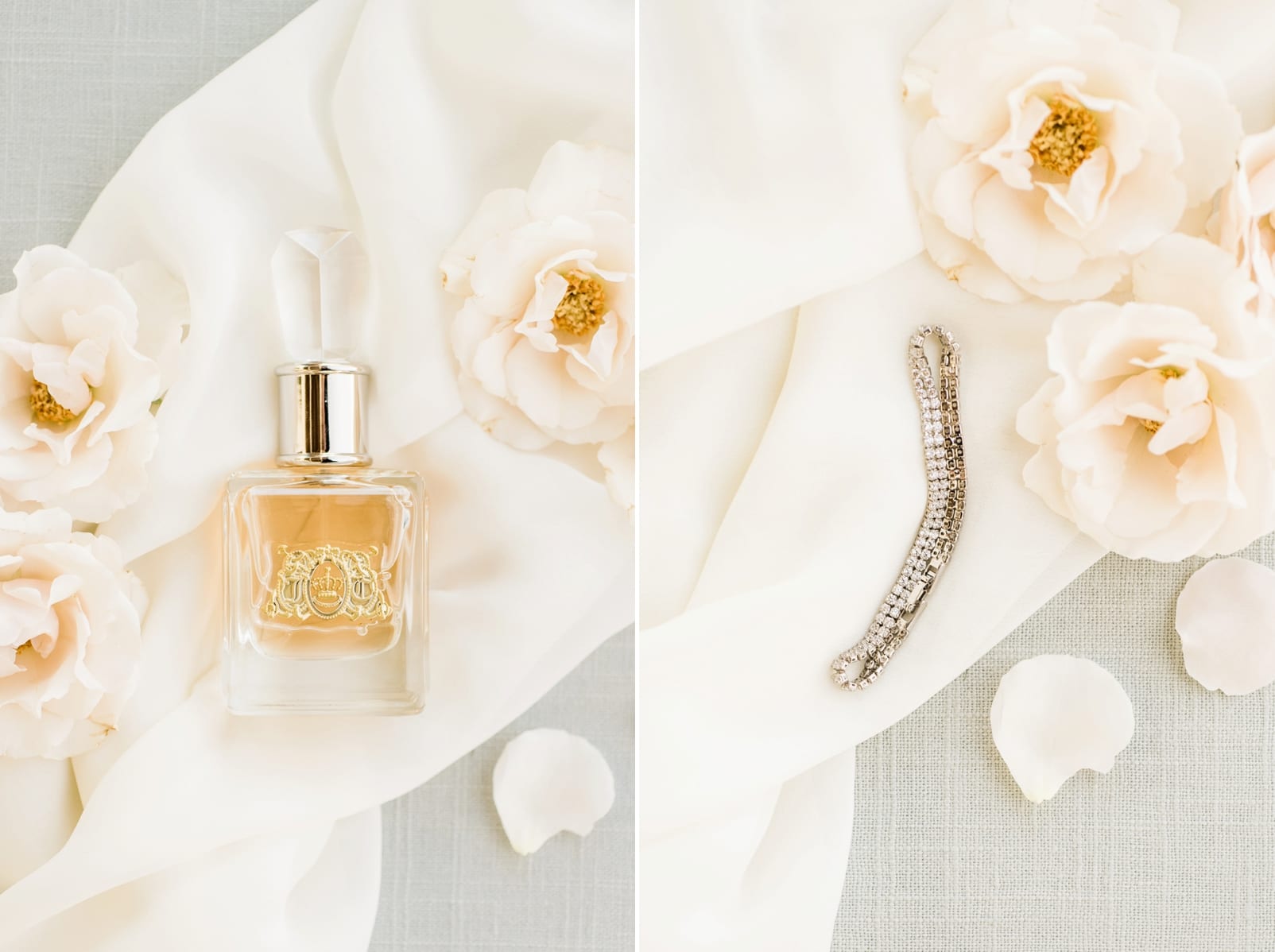 Raleigh bridal perfume and details styled on a white cloth and white flower petals photo