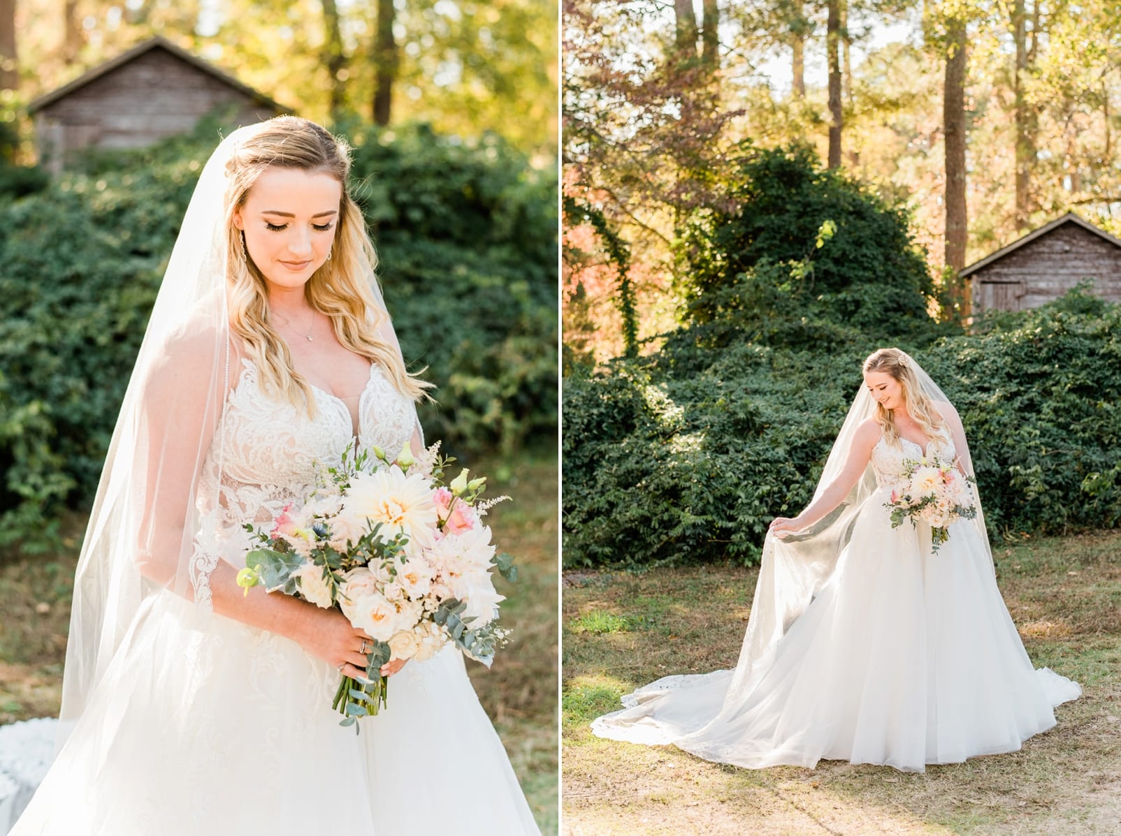 Oaks at Salem bridal portraits outside with bride holding her bouquet photo
