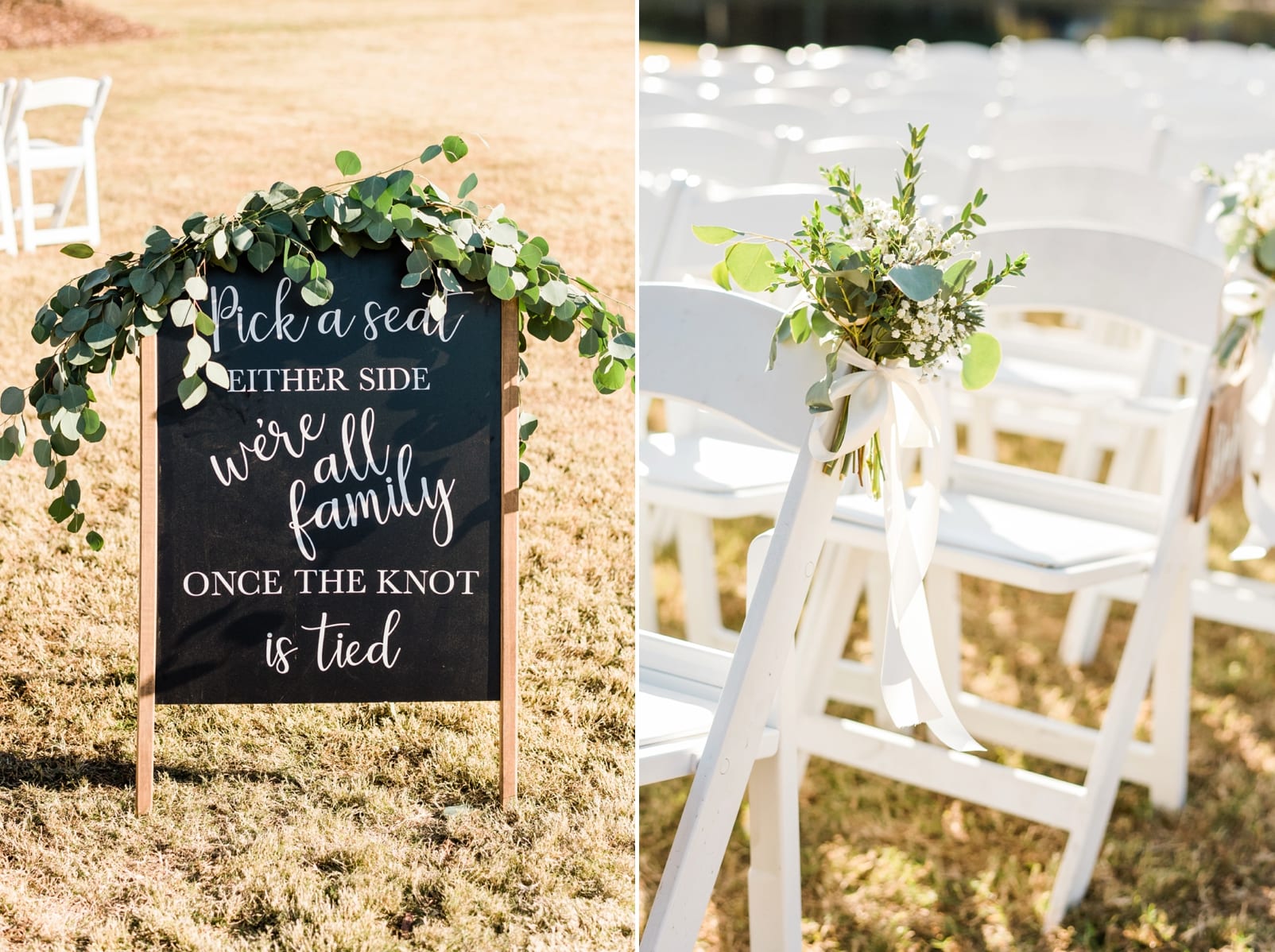 Oaks at Salem wedding ceremony welcome sign and greenery tied to the white chairs photo