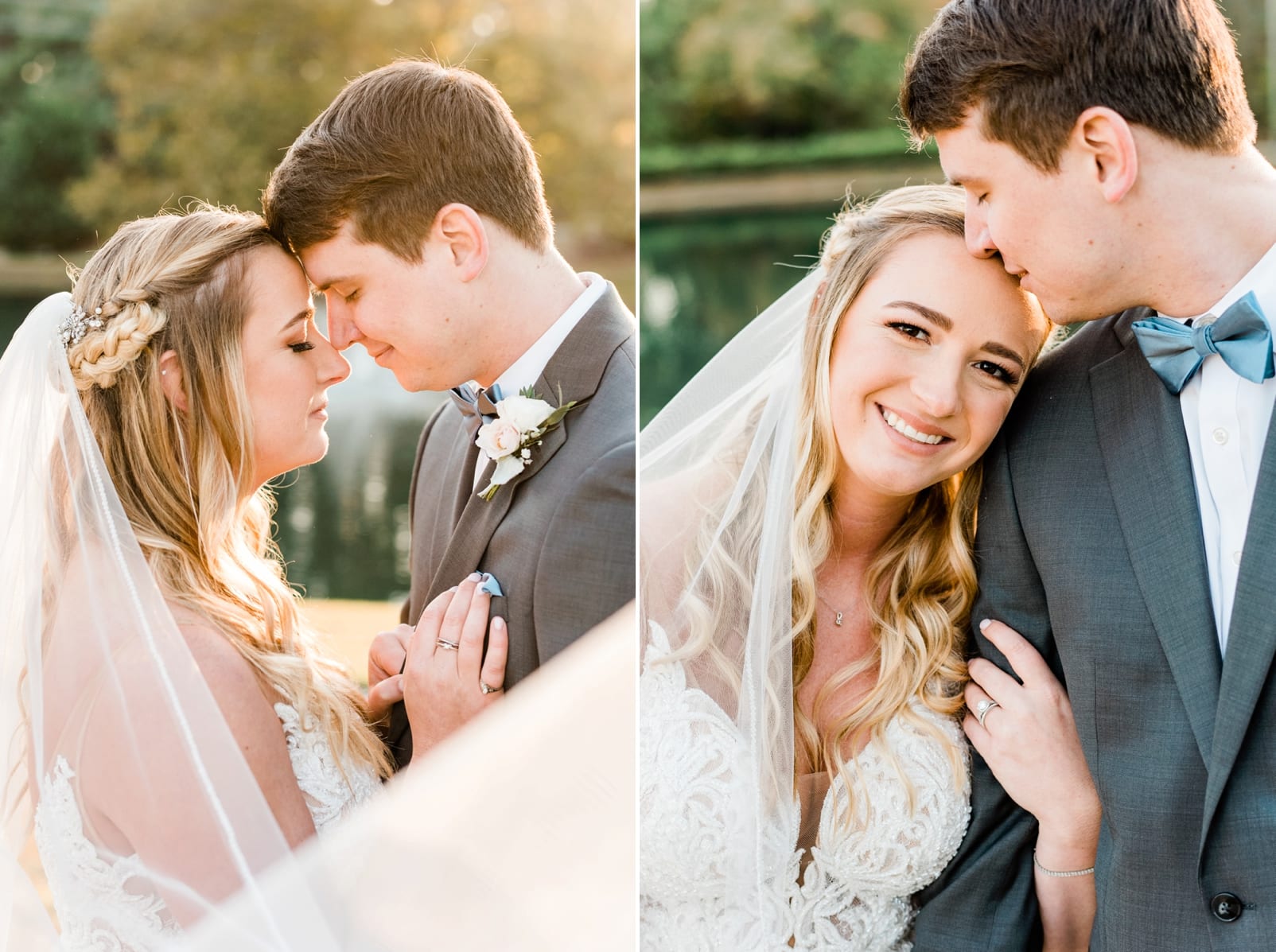 Raleigh bride and groom standing together, touching foreheads and the groom kissing his bride on her head photo