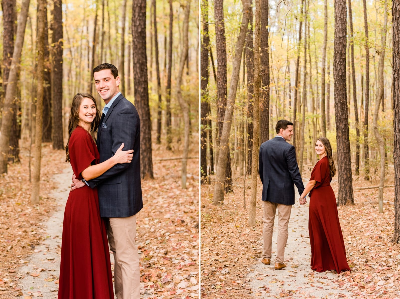 Raleigh couple engagement session in the woods in a long red dress and a dark suit jacket photo