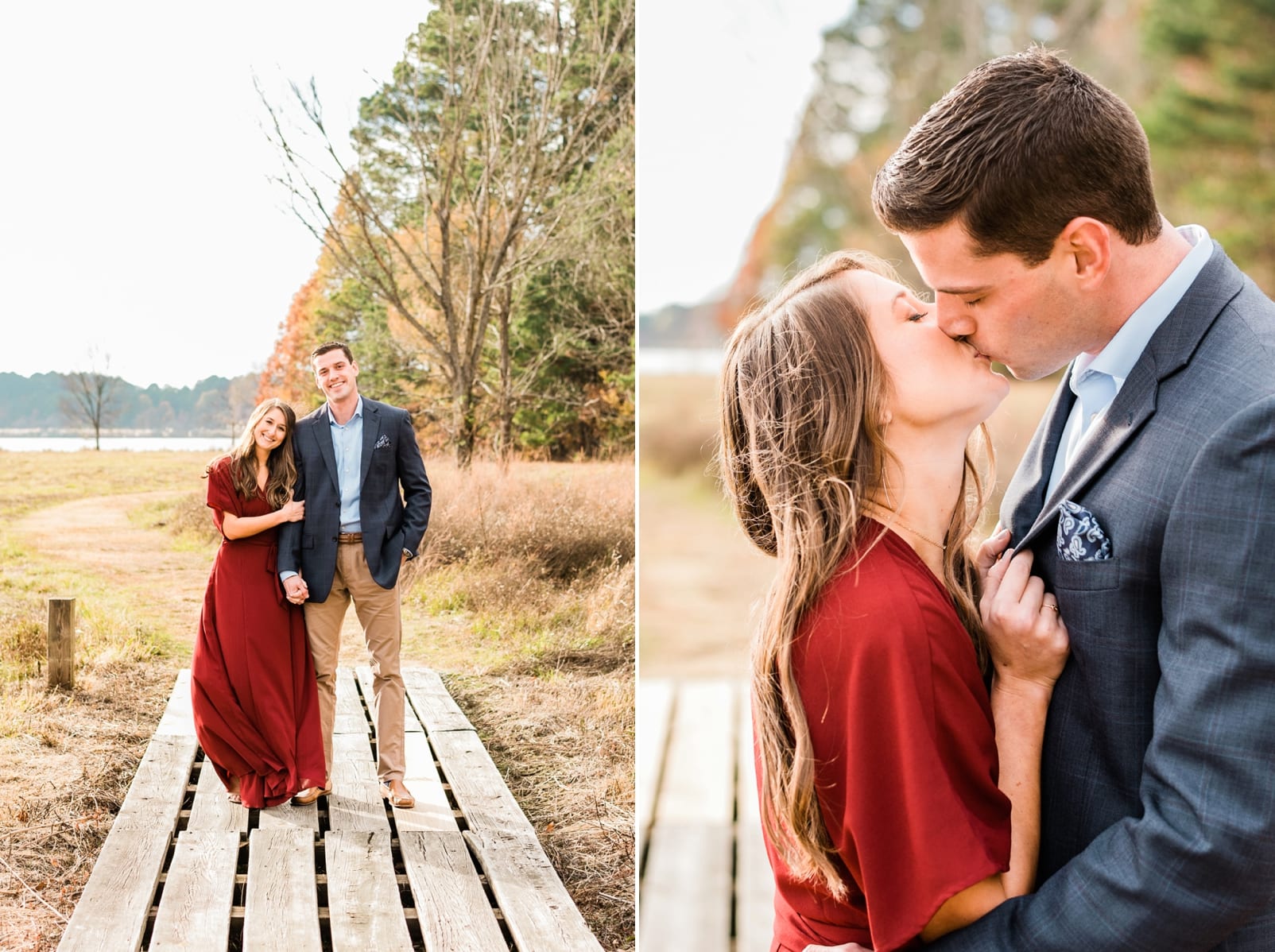 Raleigh couple walking together across a wooden boardwalk and then kissing photo