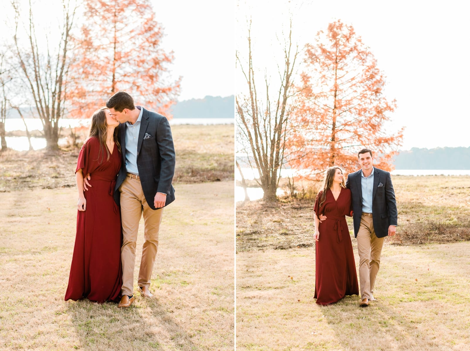 Raleigh couple kissing in an open field in front of a lake photo