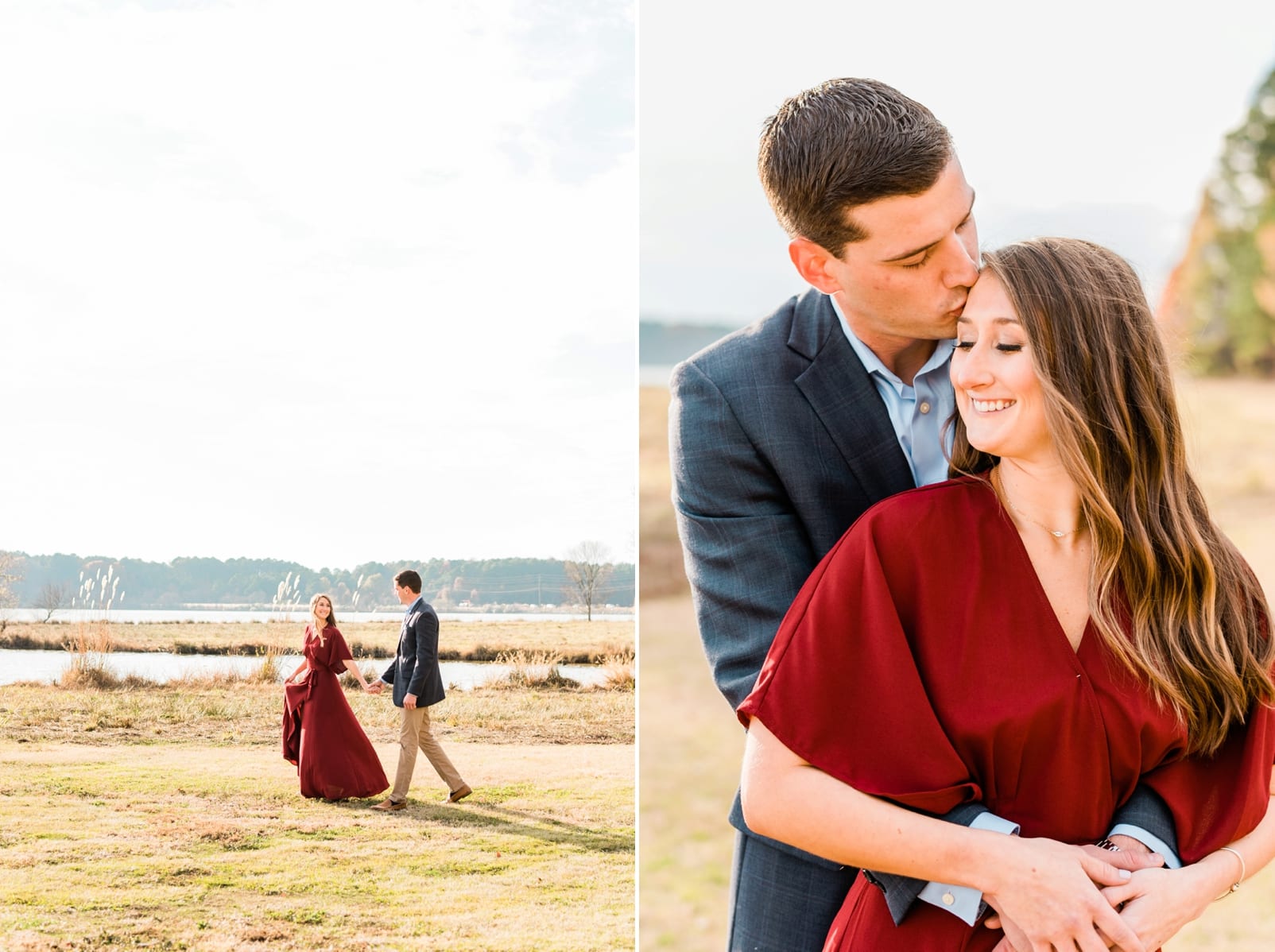 Raleigh man kissing his fiancee on her forehead during their engagement pictures photo