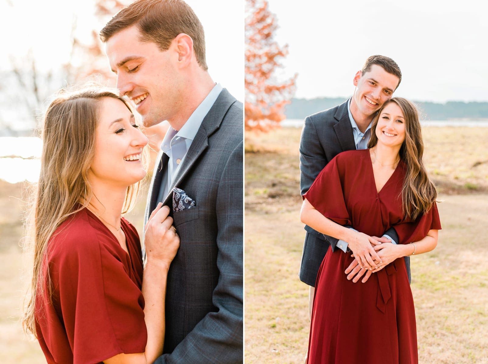 Raleigh couple wearing a long deep red dress and a dark suit for their engagement pictures photo