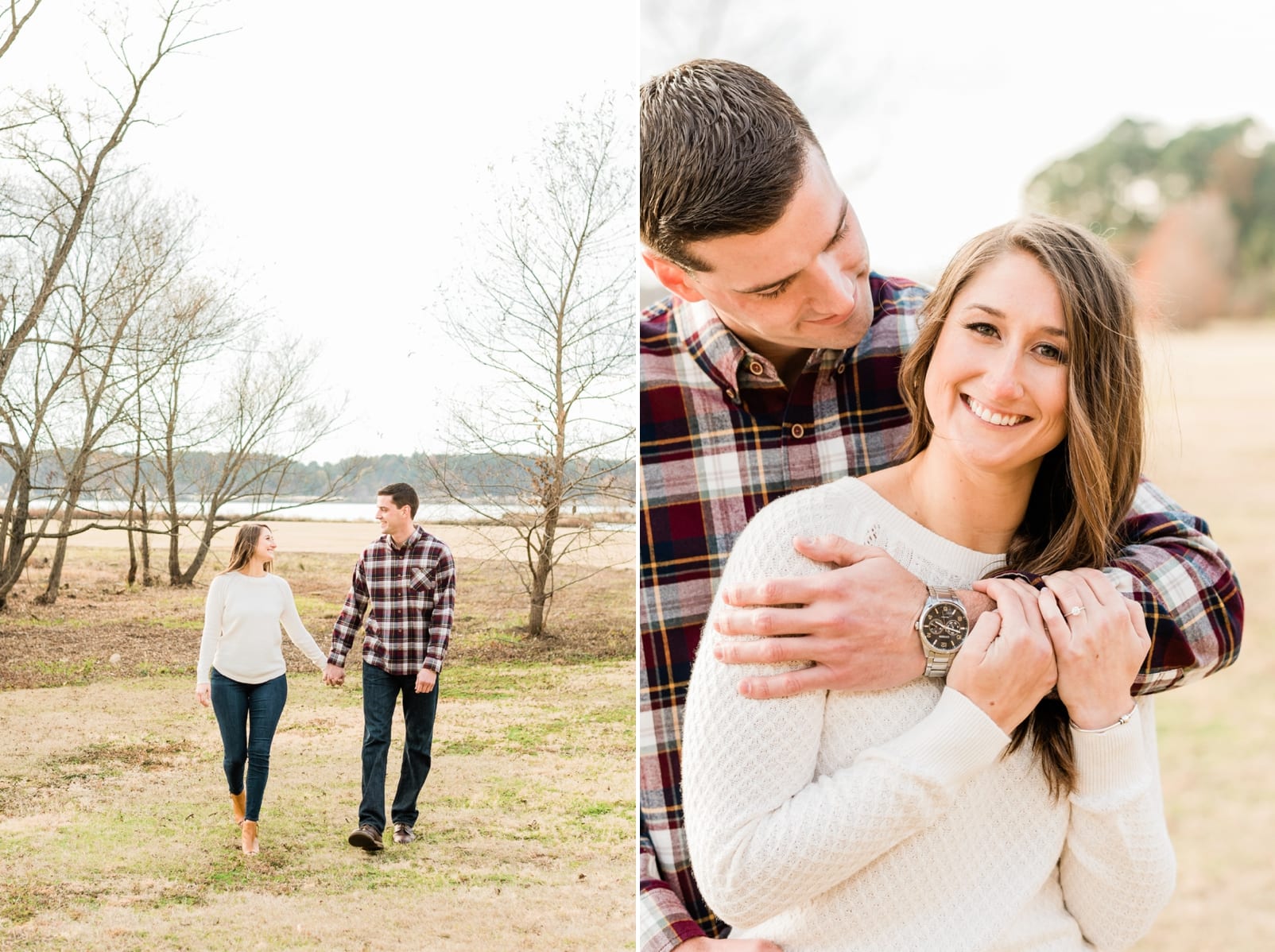Raleigh couple walking through a field and then snuggled together photo