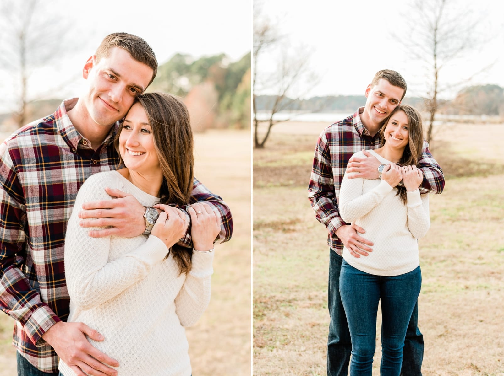 Cary couple snuggled together in a white sweater and plaid shirt during engagement pictures photo