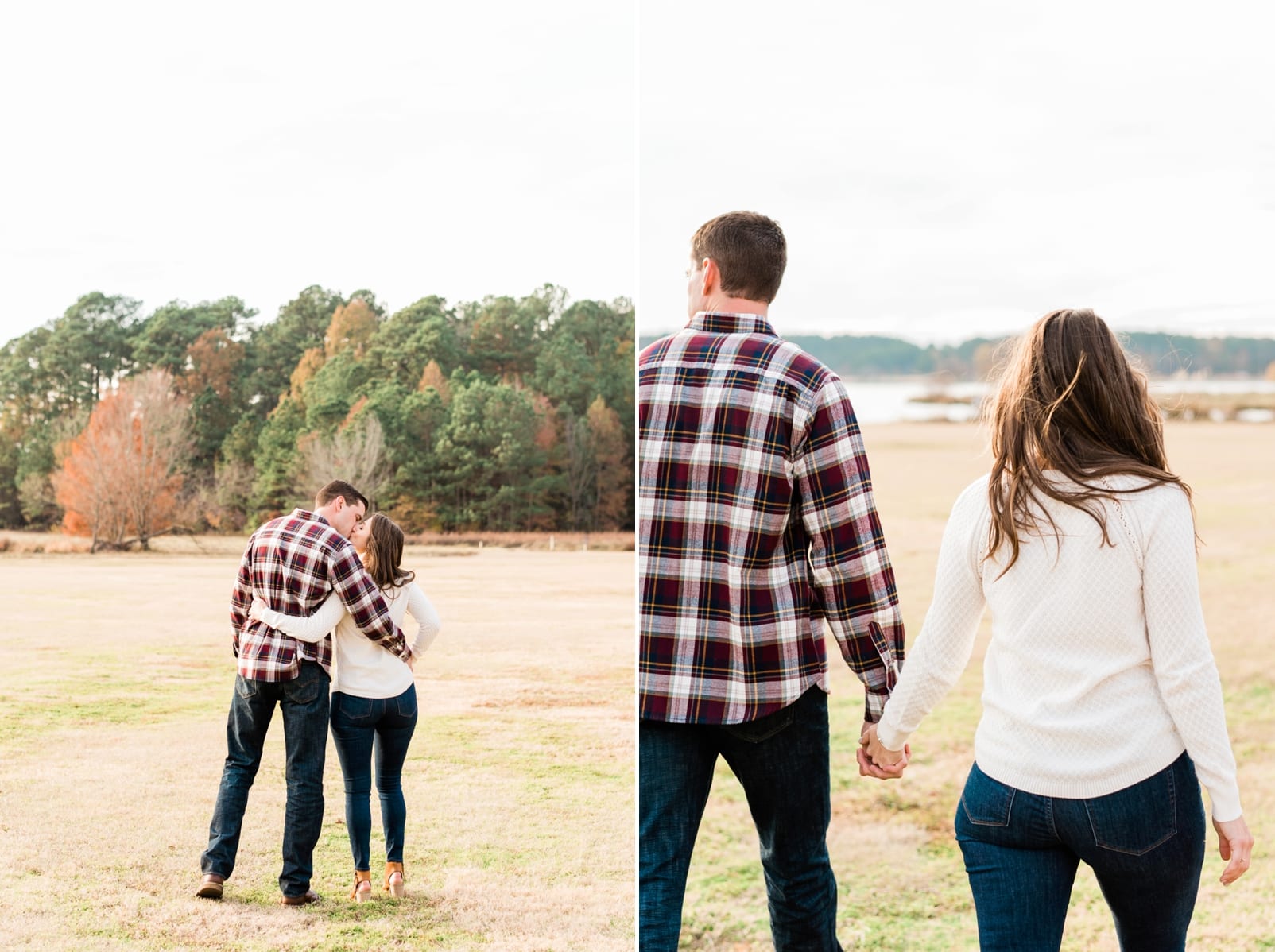 Raleigh engagement shoot with couple looking out at the lake across the field photo