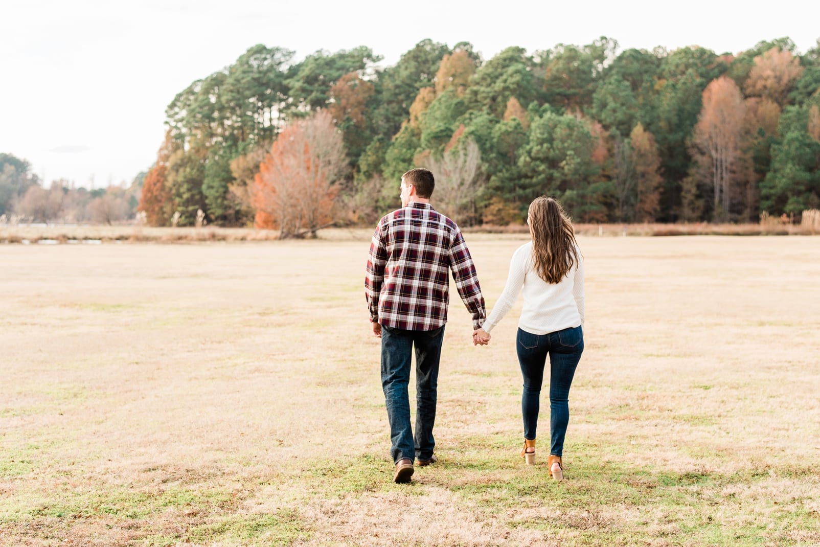 Raleigh couple walking away from the camera and holding hands photo
