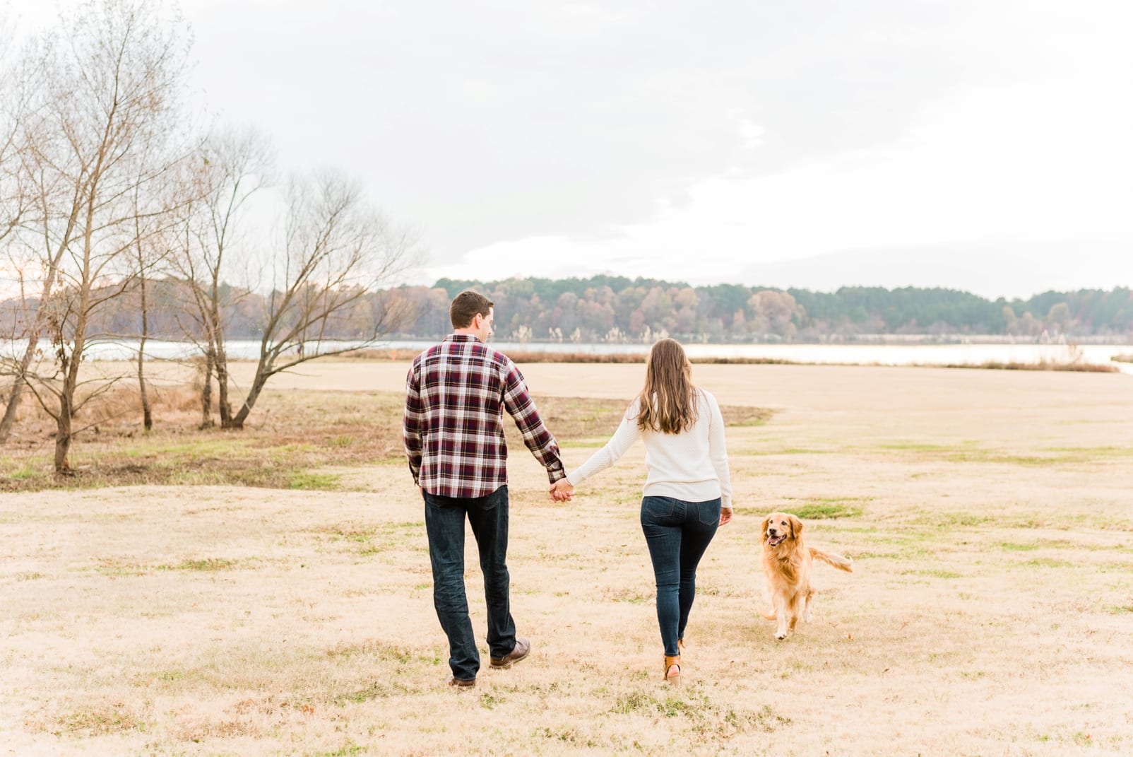 Raleigh couple holding hands and walking their golden retriever across a field photo