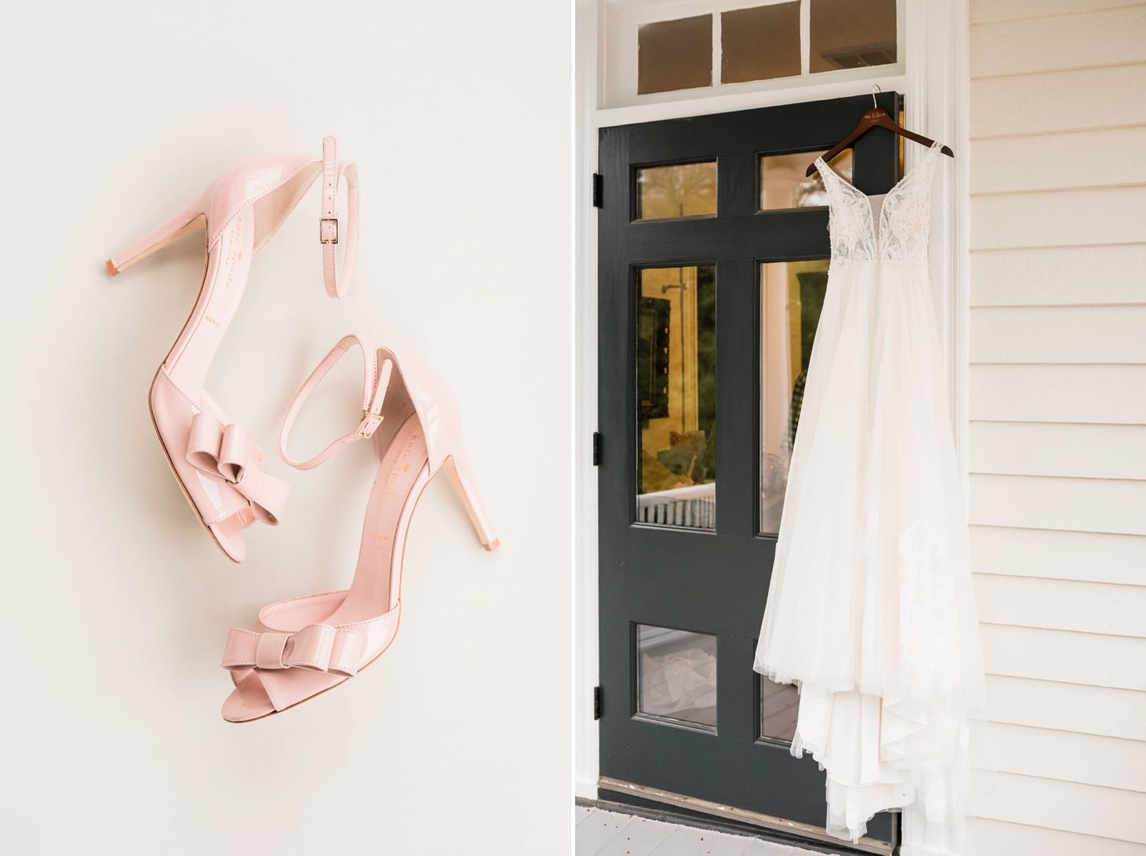Kate Spade light pink bridal shoes and dress hanging from a door in the Sutherland photo