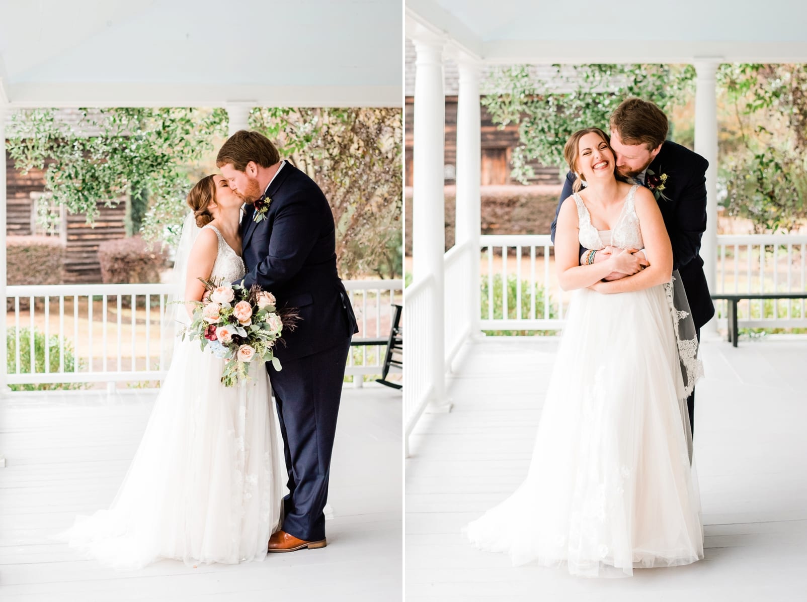 Wake Forest bride and groom kissing and laughing together on the Sutherland front porch at first look photo