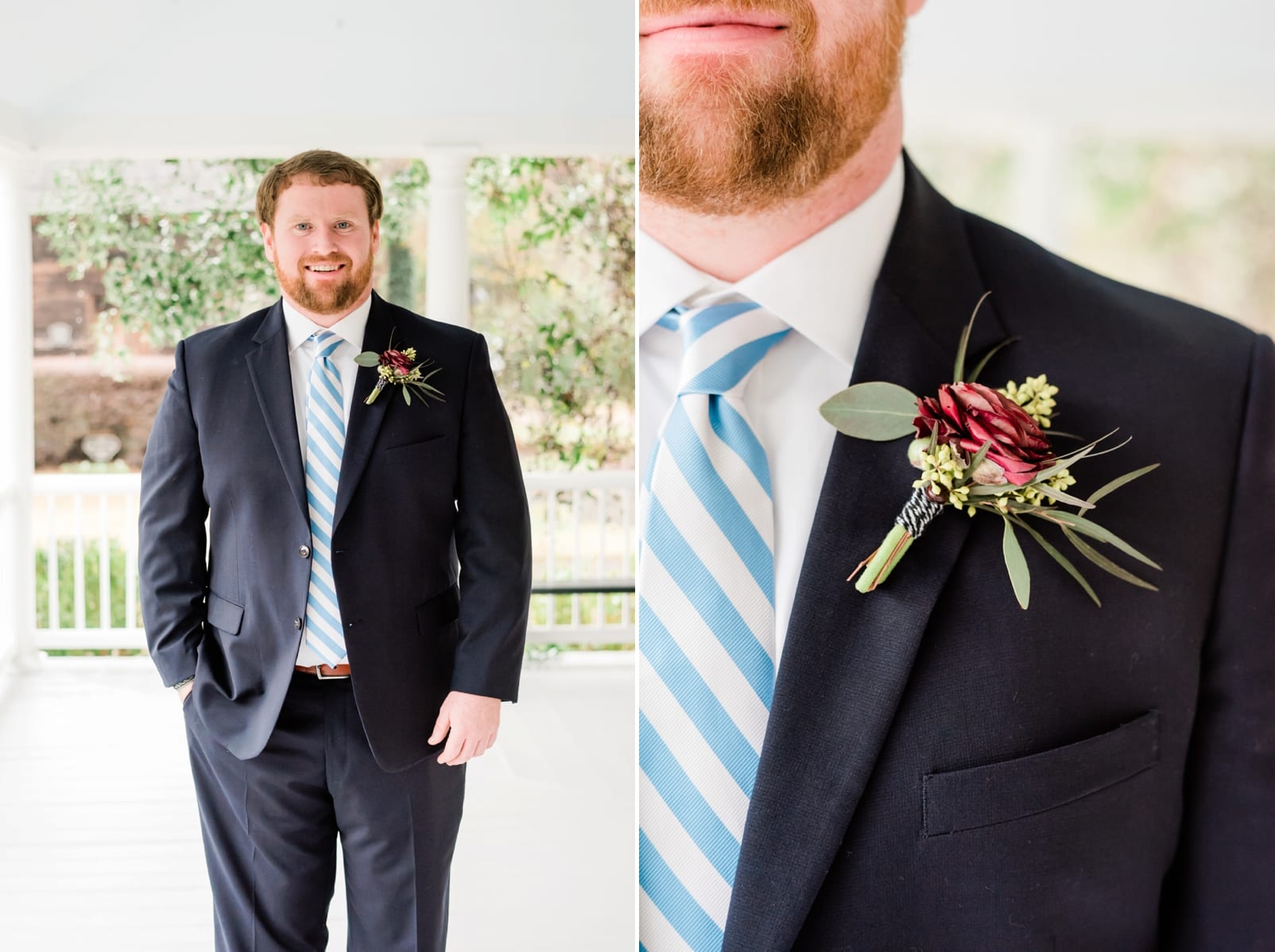 Sutherland Estate's groom with an up close of his University Florist boutonniere photo