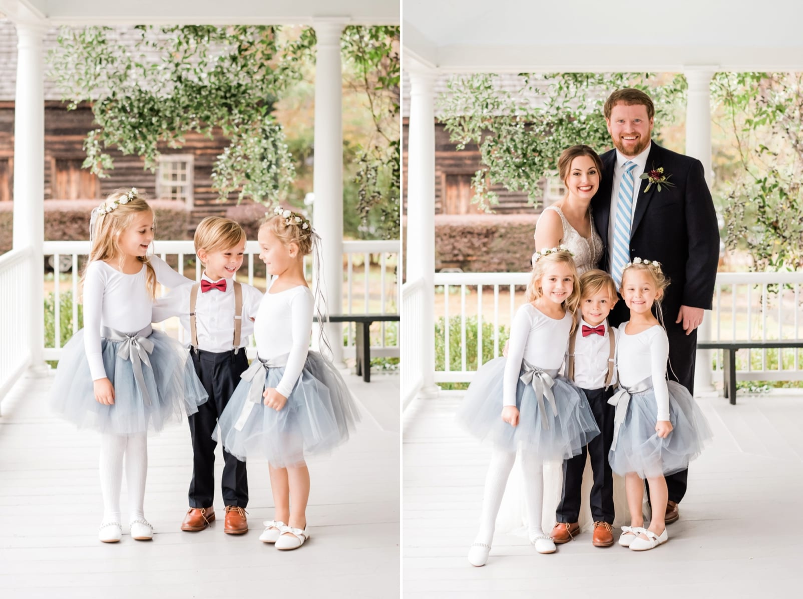 Sutherland Estate ring bear and flower girls together with the bride and groom on the front porch photo