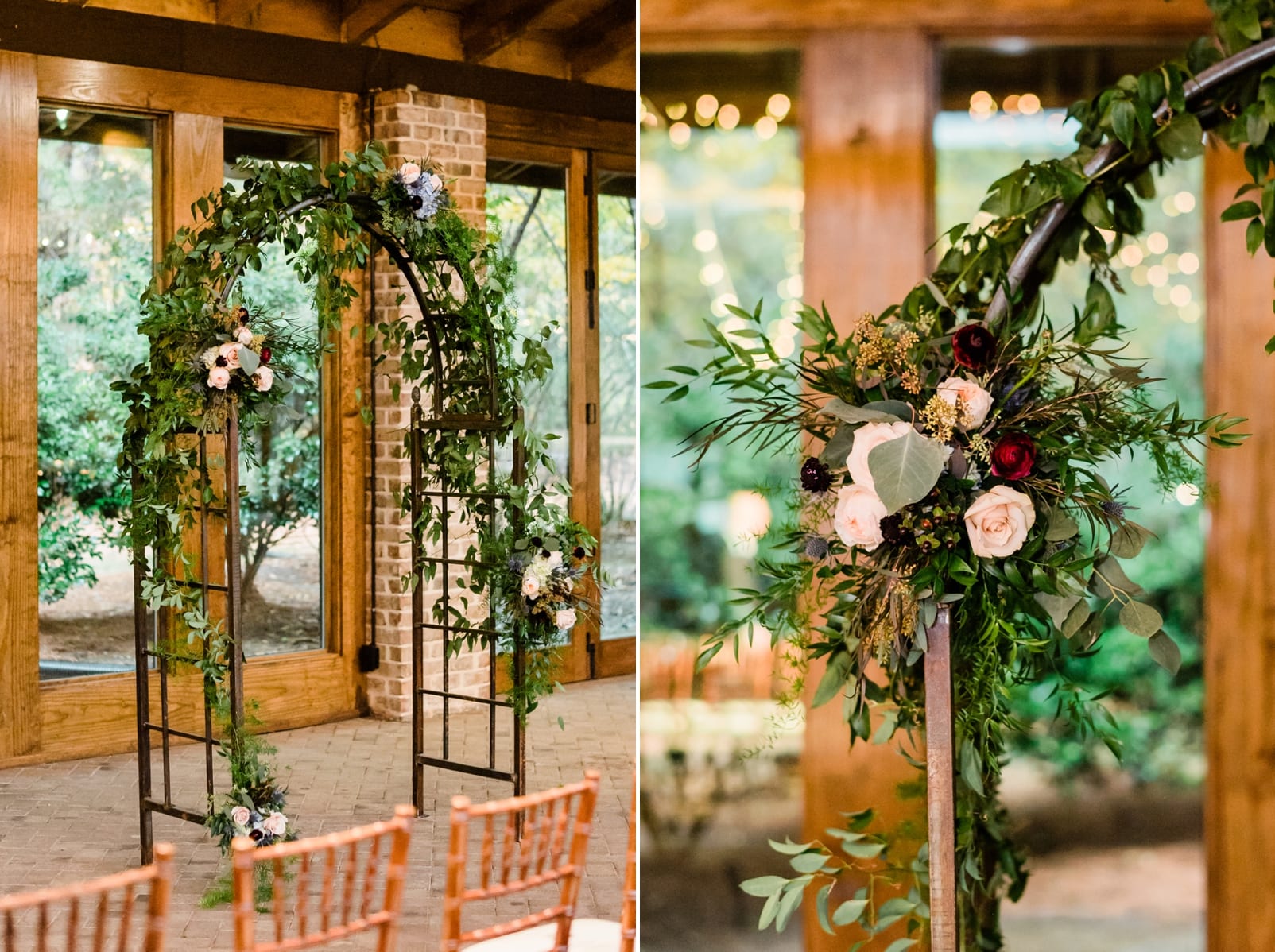 Sutherland Estate pavilion indoor wedding ceremony with metal arch covered in greenery and florals photo