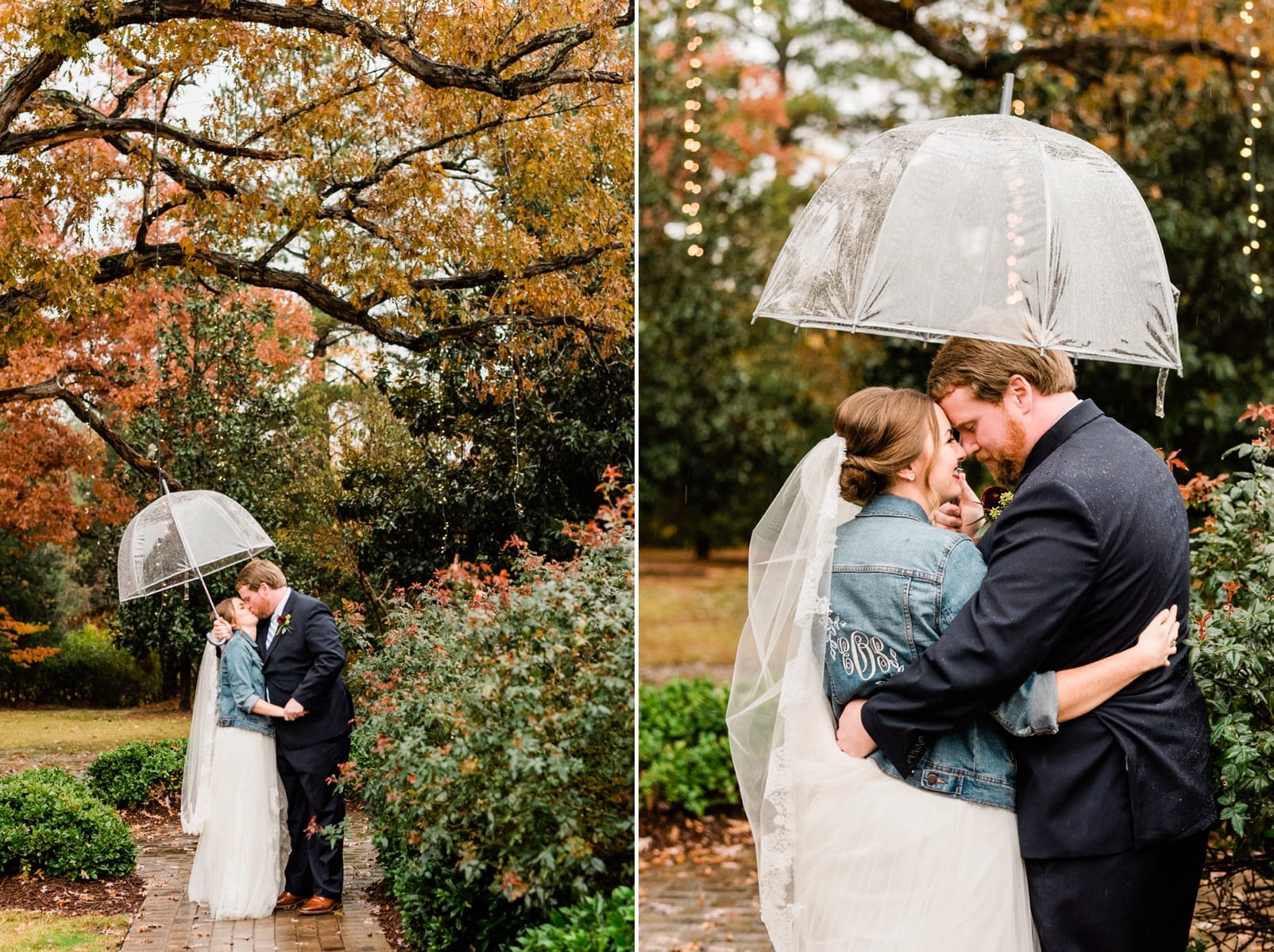 Sutherland Estate outdoor wedding portraits in the rain under a clear umbrella and bride wearing a jean jacket photo