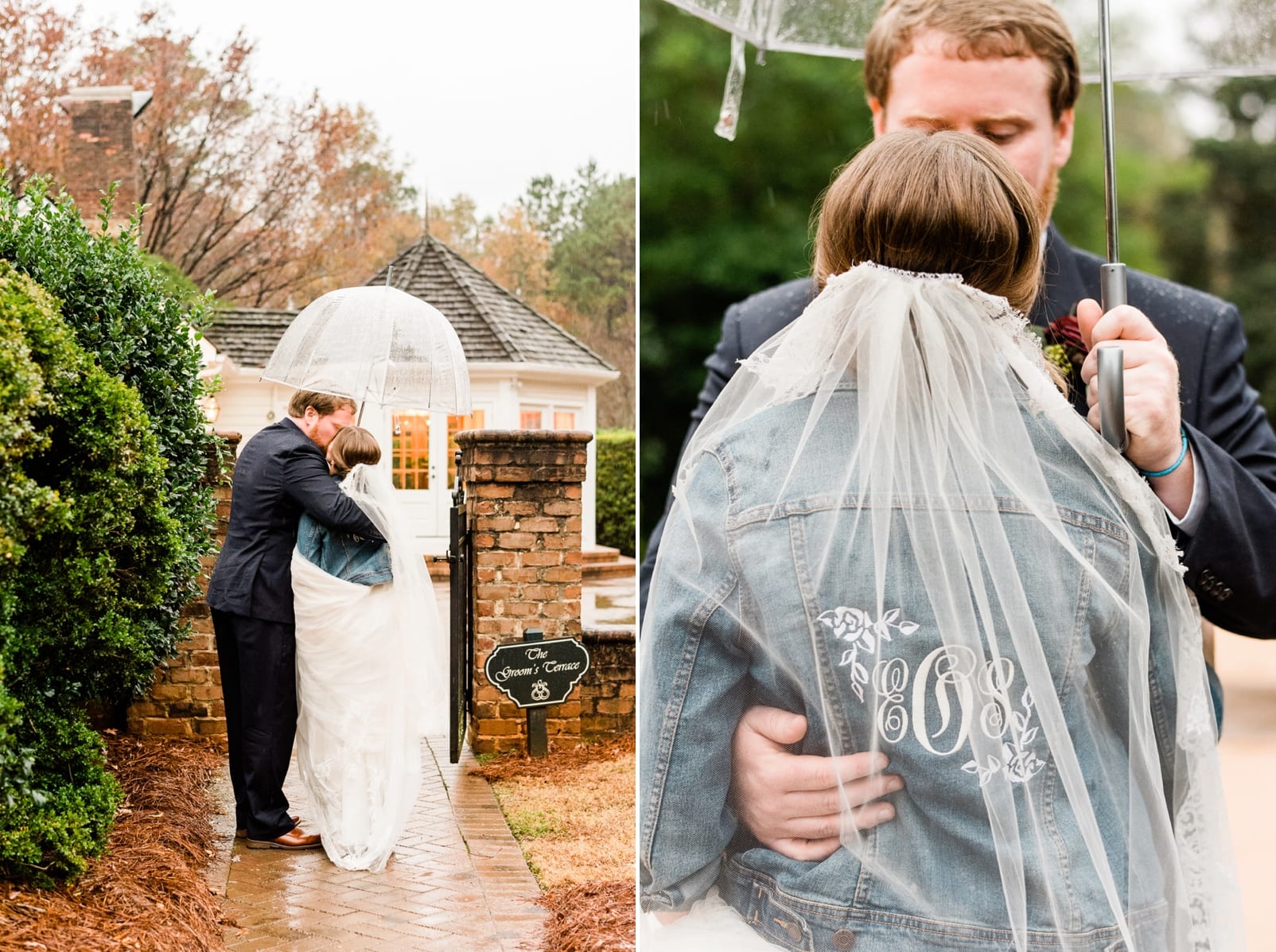 Sutherland Wedding bride in a jean jacket kissing her groom under a clear umbrella photo