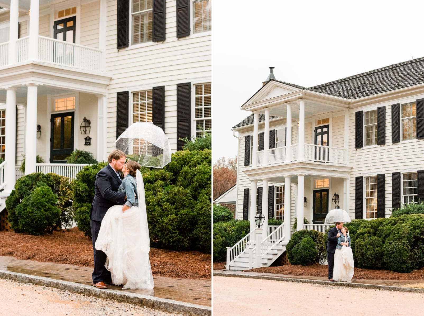 Sutherland Estate bride and groom embracing under a clear umbrella in front of the estate photo