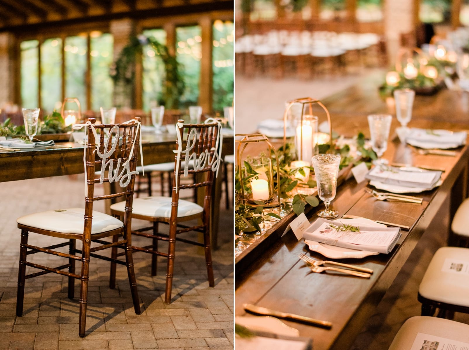 Sutherland Estate bride and groom sweetheart table seats with Mr. and Mrs. signs and place settings at a farmhouse style table photo