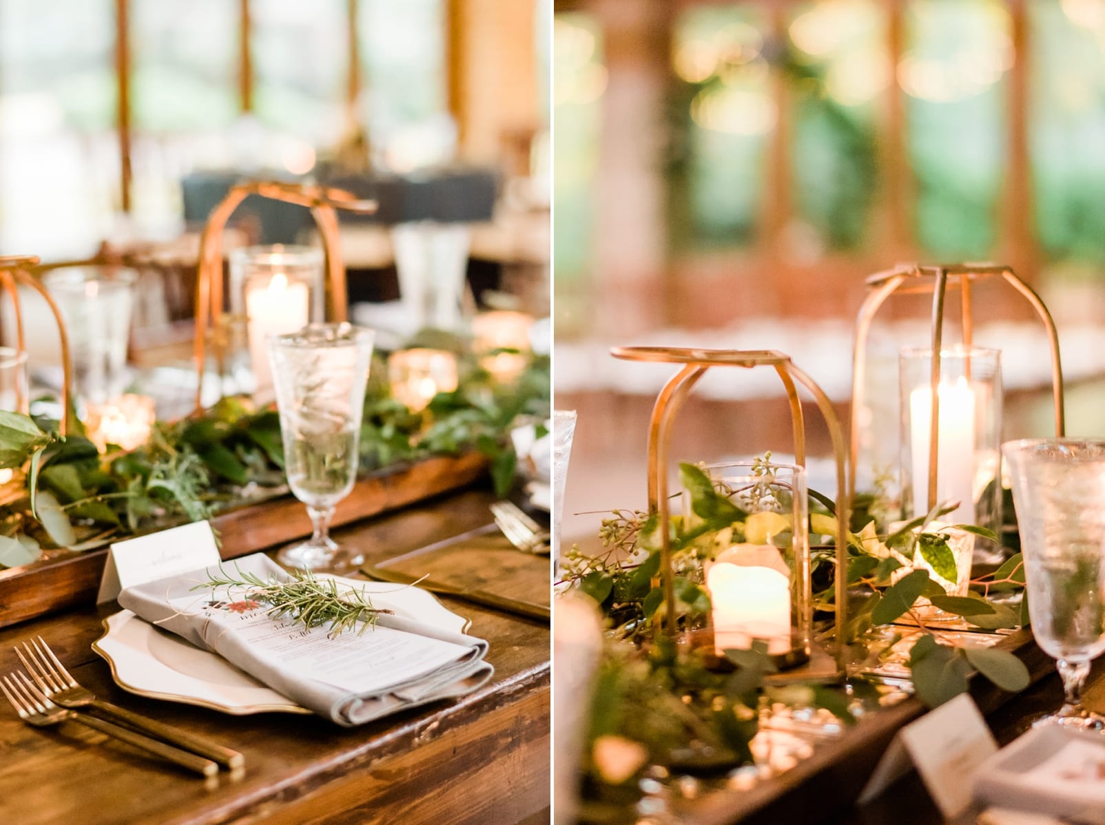 Sutherland Estate wedding reception table with open gold lanterns and greenery around the center of the table photo