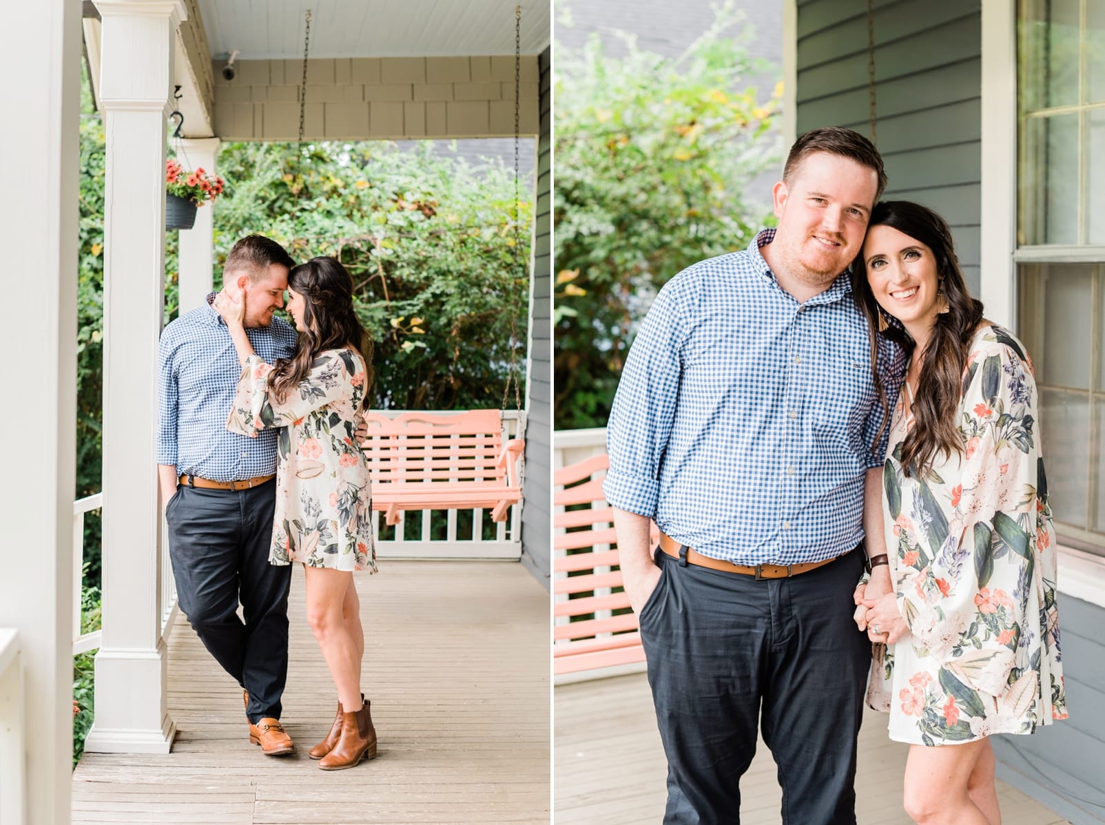 Raleigh couple leaning together against a front porch column photo