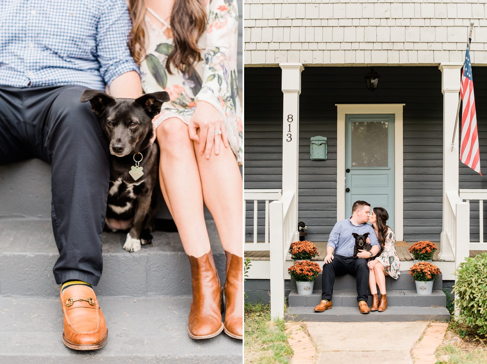 Anniversary Session with a married couple and their dog sitting in between them on their front porch steps photo