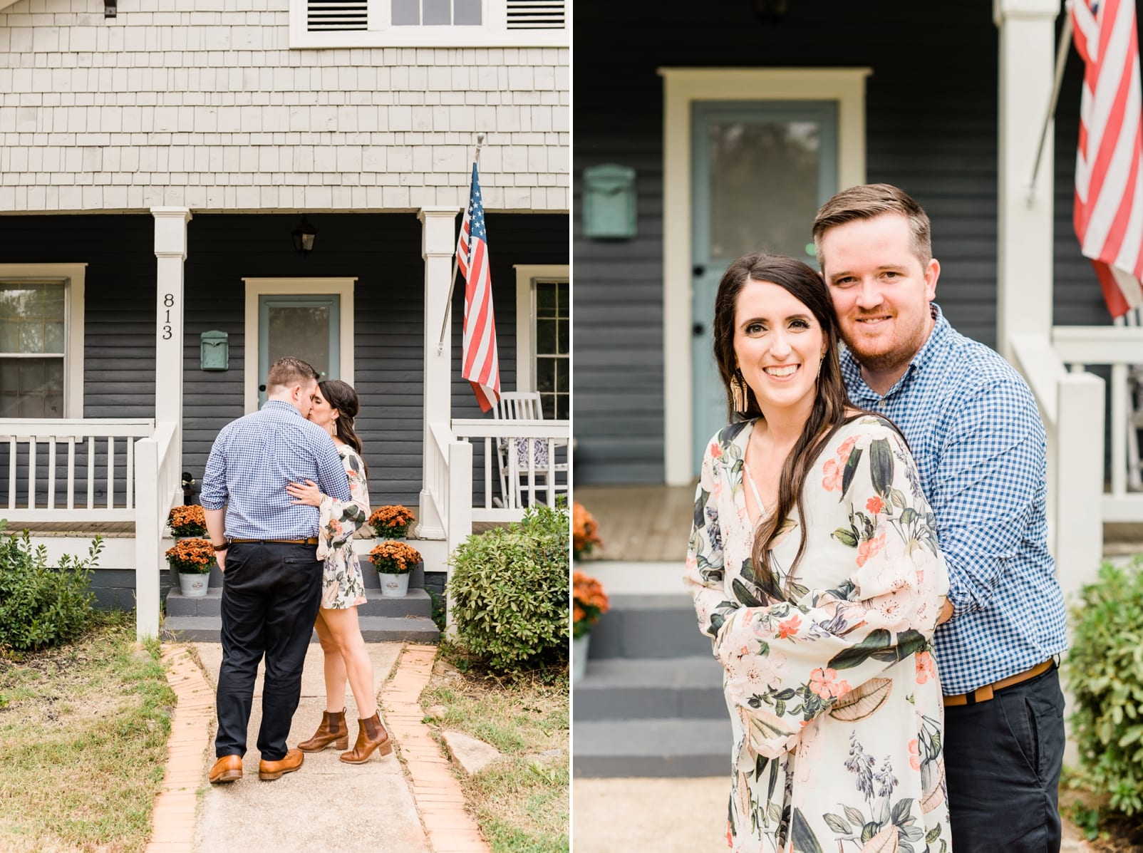 Raleigh couple kissing in front of their home photo