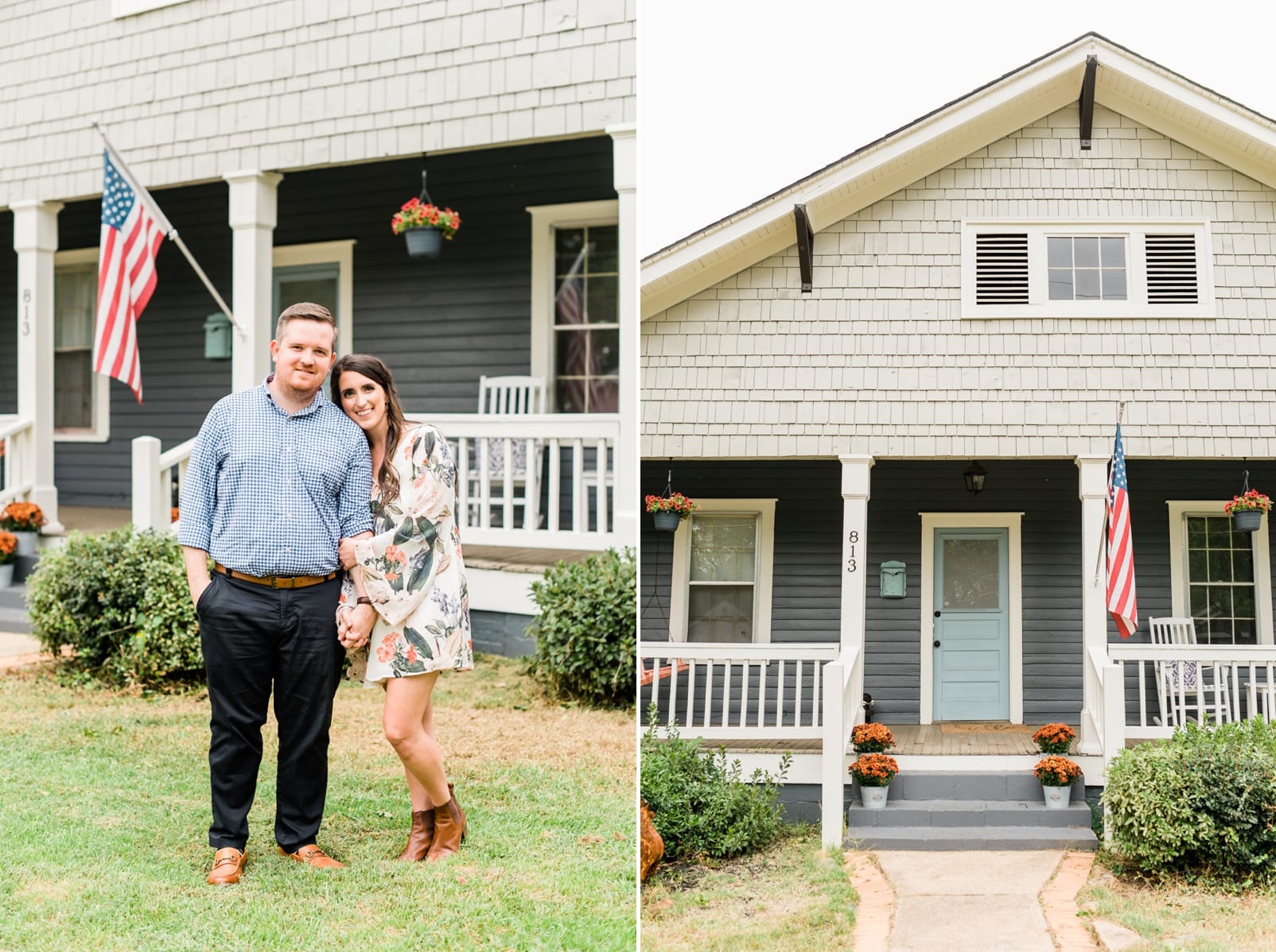Anniversary session a couple's home with a gray front porch photo 