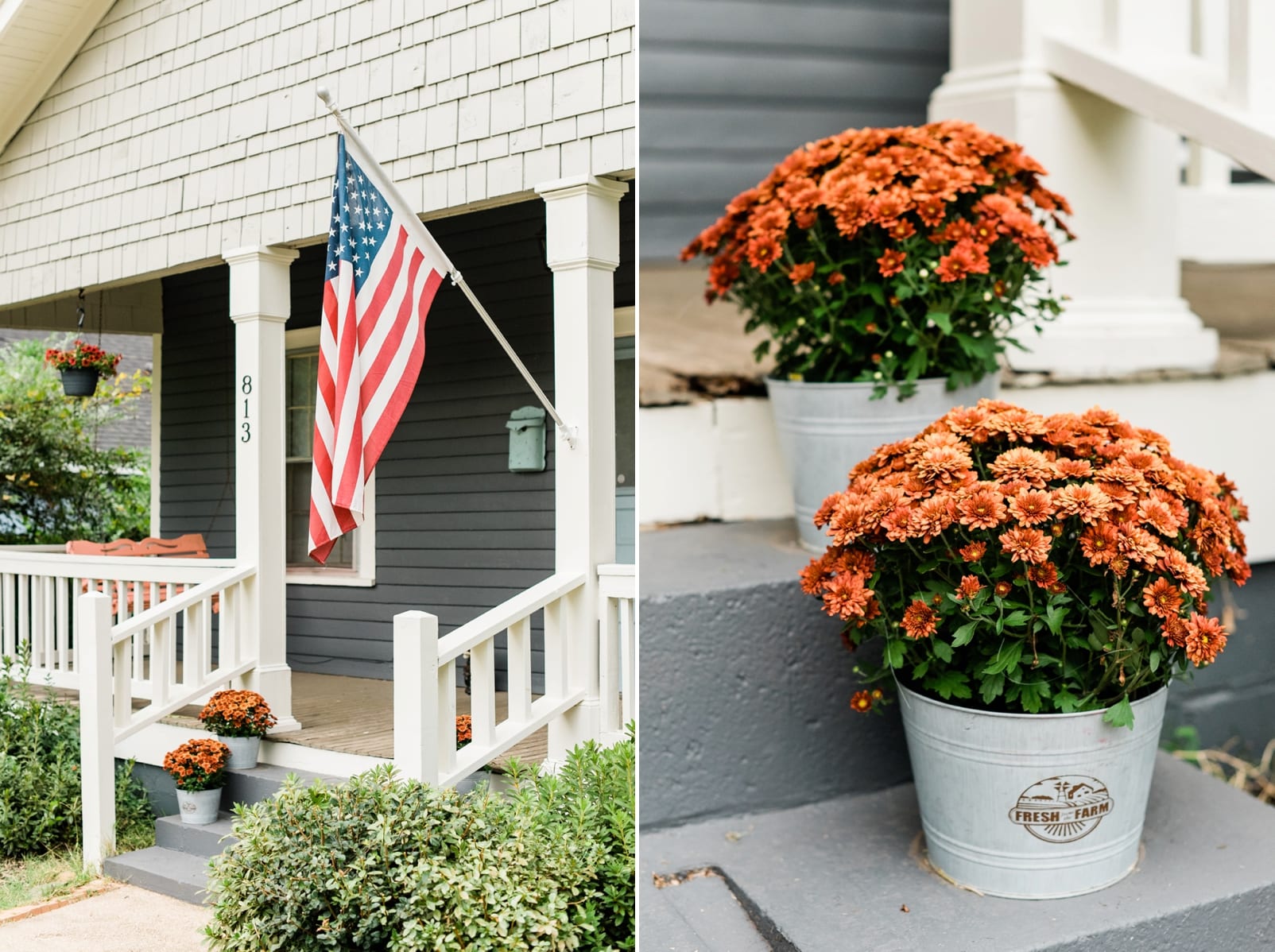 Raleigh front porch with orange mums and an American flag photo