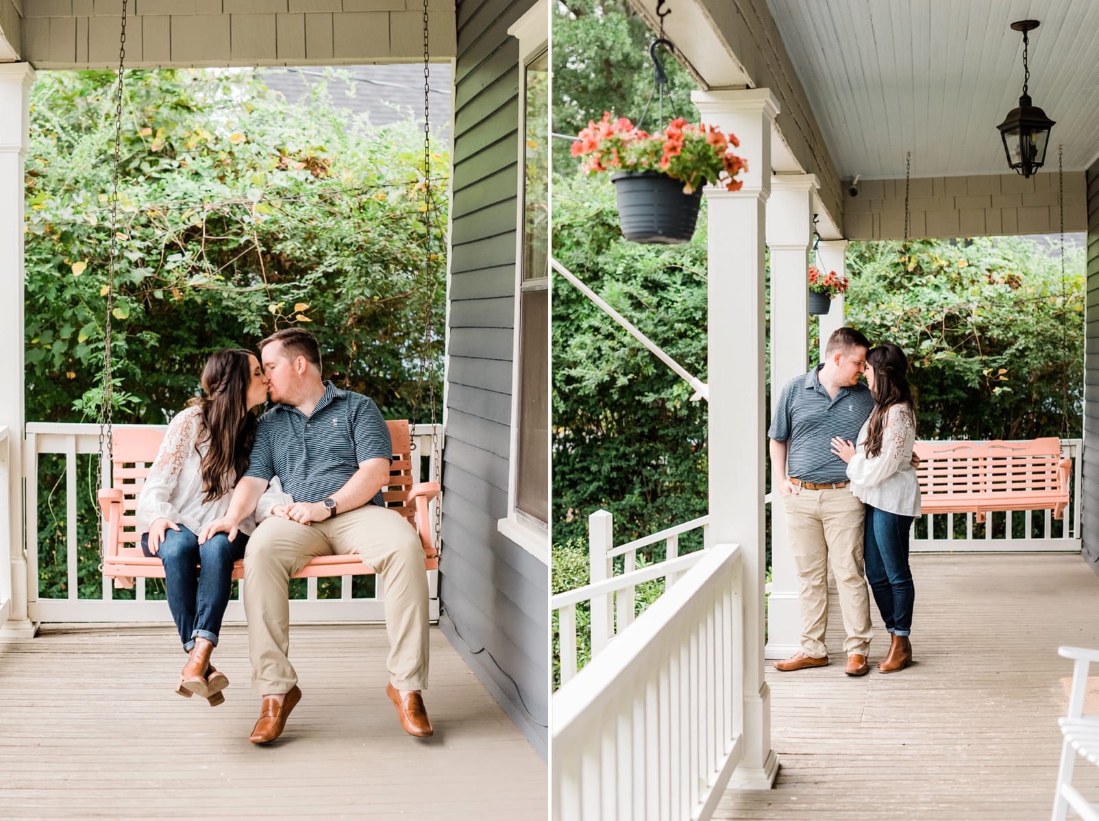 At home anniversary session on a couple's front porch while they swing photo