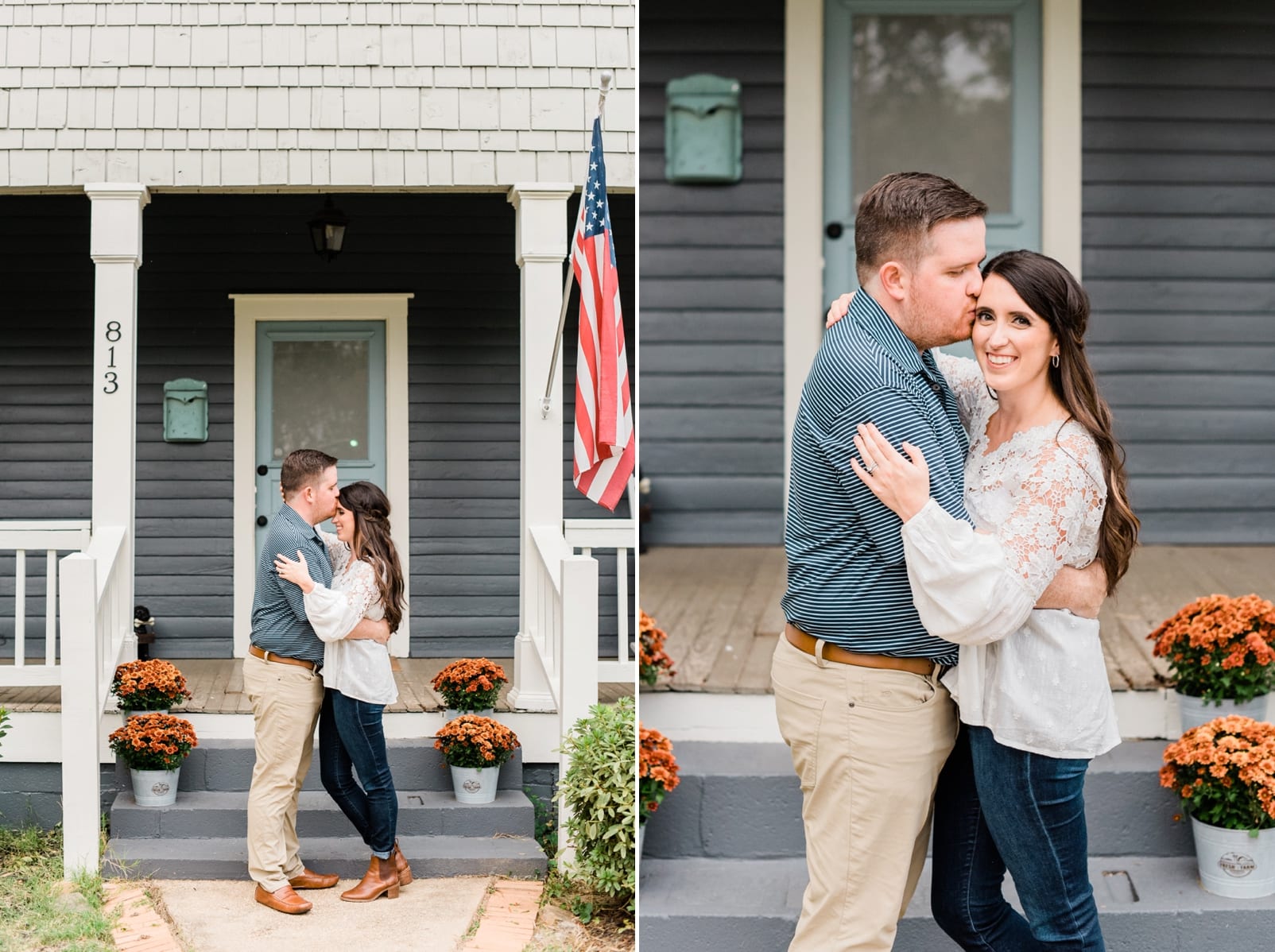 At home anniversary session with the couple standing in front of their american flag photo
