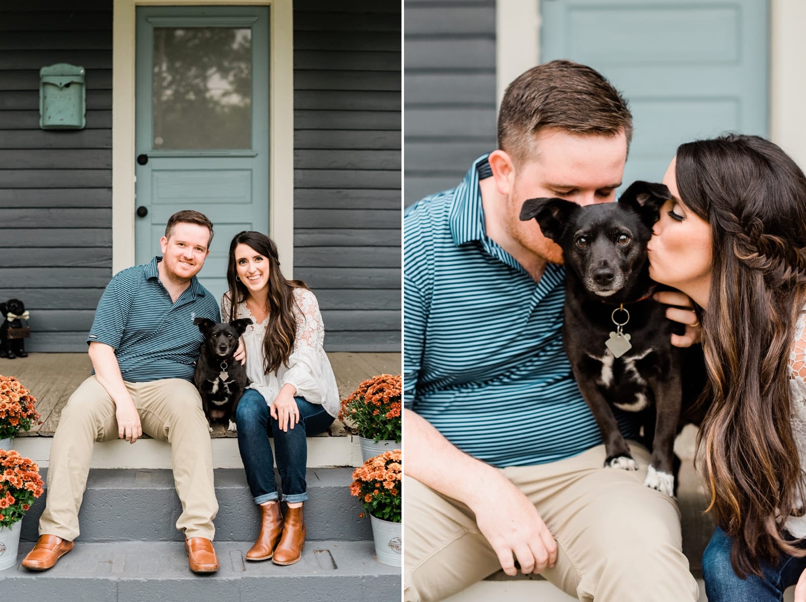 Raleigh couple kissing their dog during their home engagement session photo